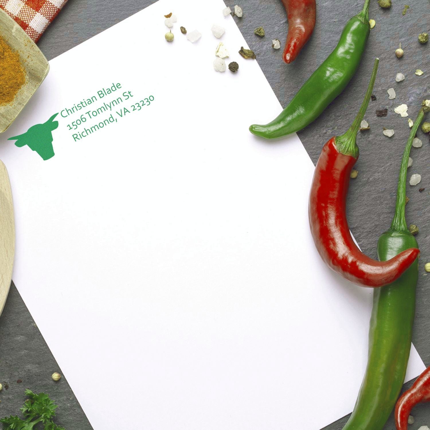 Custom logo return address rubber stamp on envelope for chili pepper spice business mailing and packaging