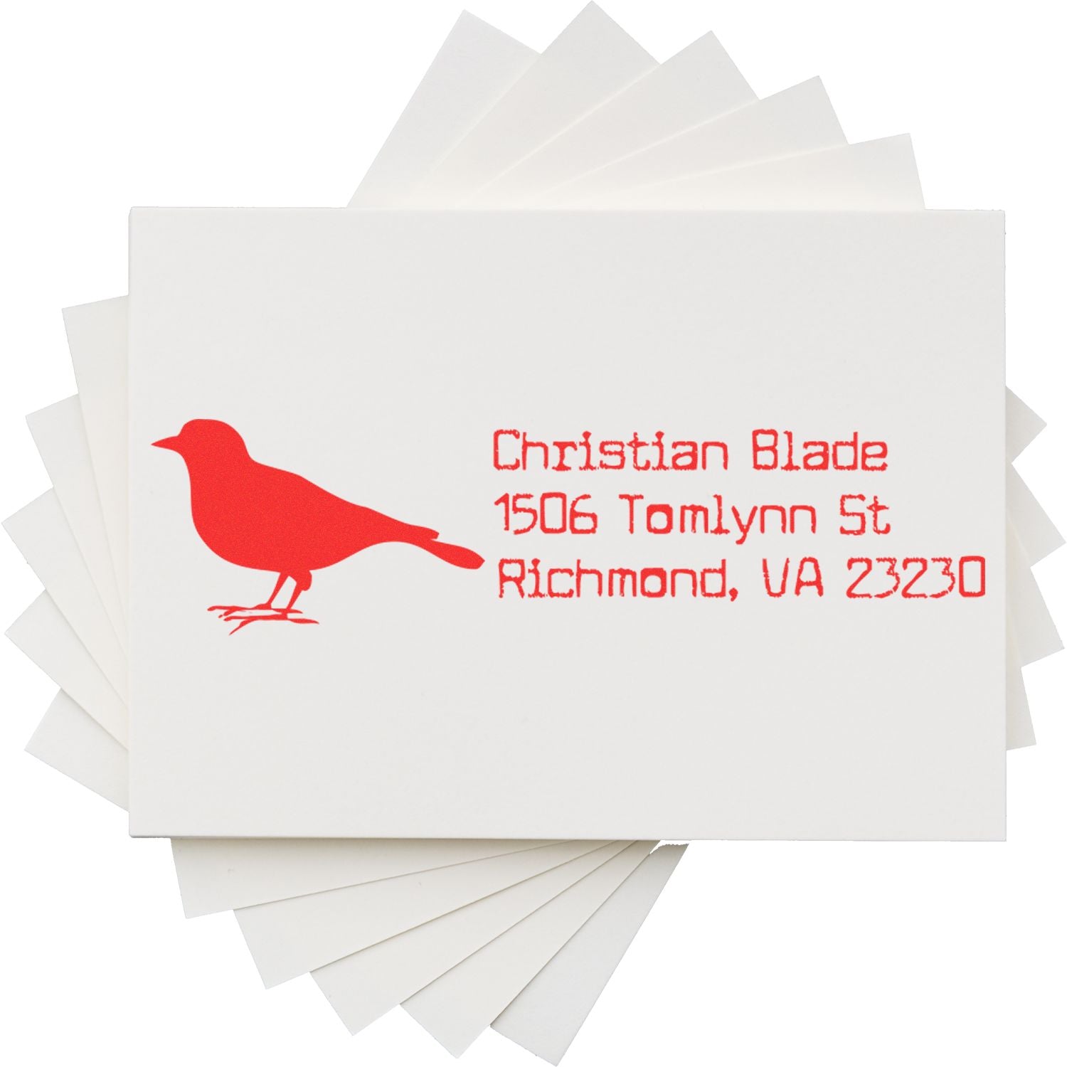 Custom address rubber stamp with red bird logo, name, and Richmond, VA mailing address on stacked cards.