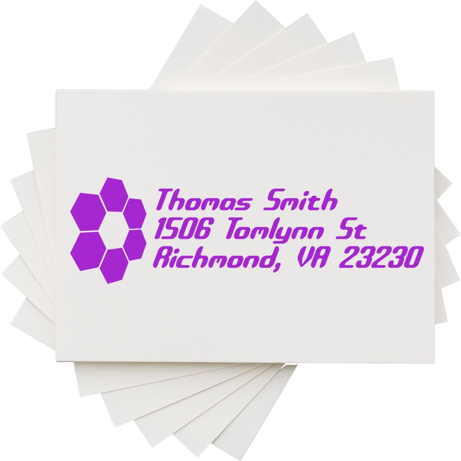 Custom return address rubber stamp with honeycomb logo, purple ink, and Thomas Smith, Richmond VA 23230.
