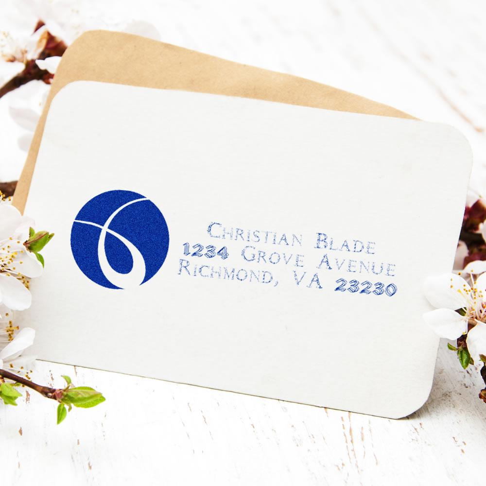 Personalized return address rubber stamp with logo on envelope, ideal for custom mailing, wedding invitations, and business branding.