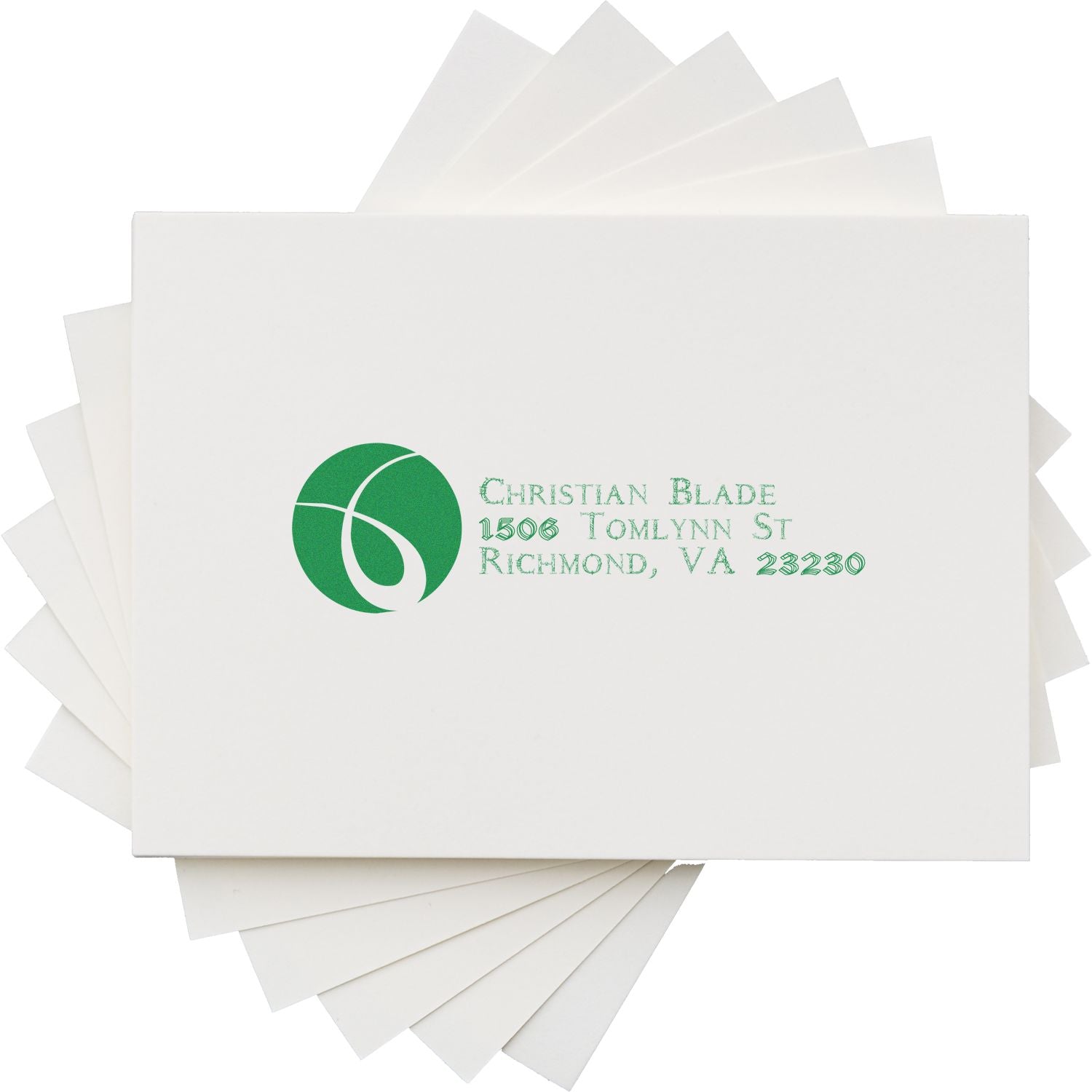 Custom rubber return address stamp with green logo and Christian Blade mailing address for envelopes and stationery.