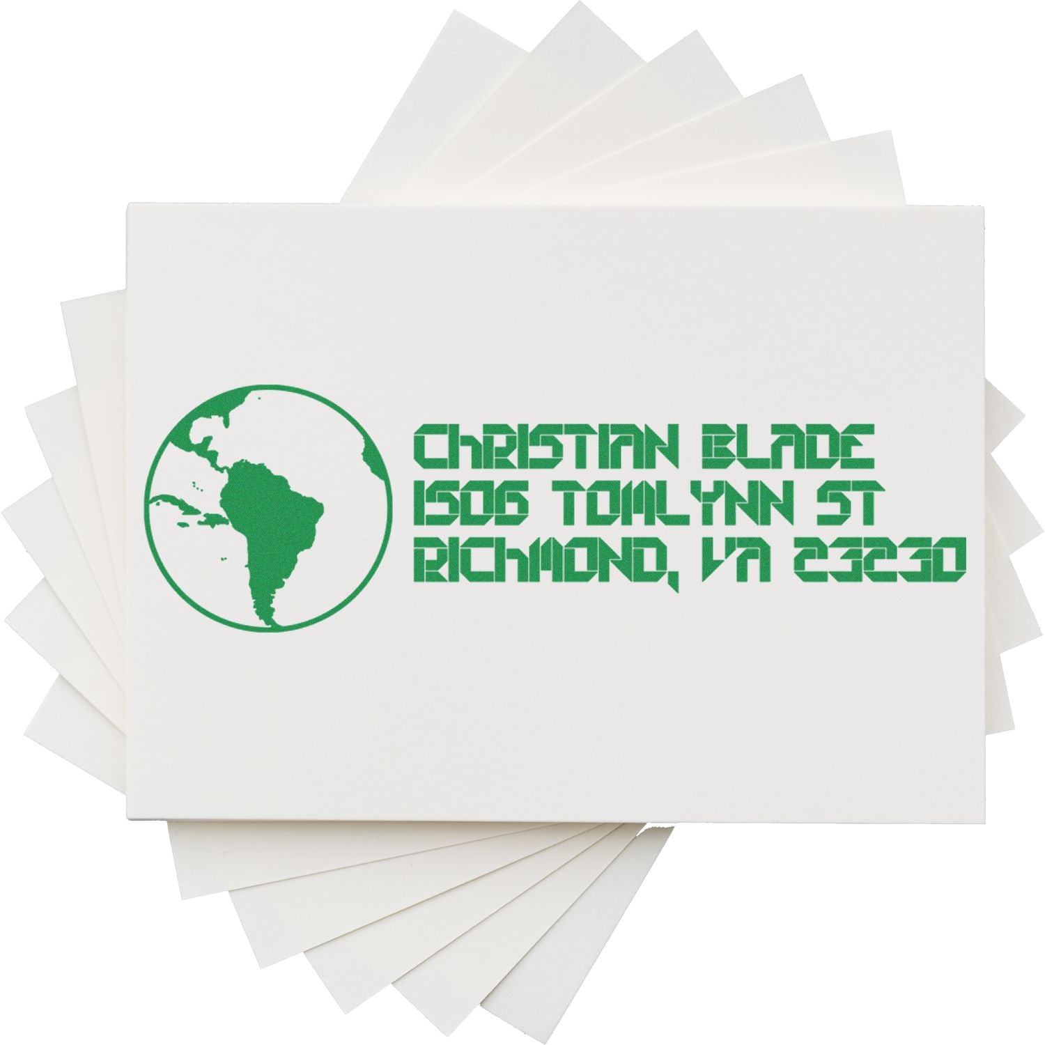 Custom rubber stamp featuring globe logo and Christian Blade address in Richmond, VA for business branding.