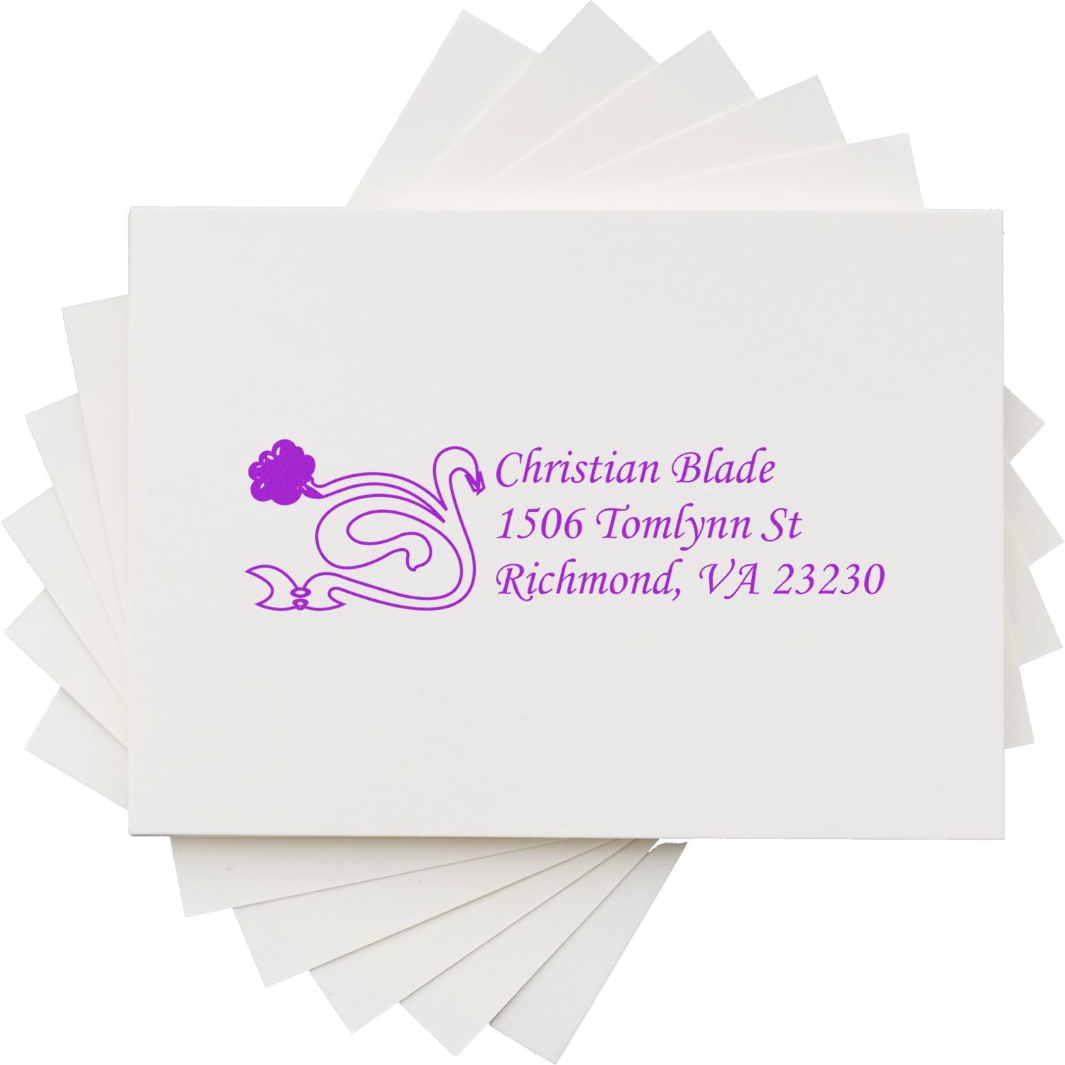 Custom purple return address rubber stamp with floral design for envelopes, featuring name and Richmond, VA address.