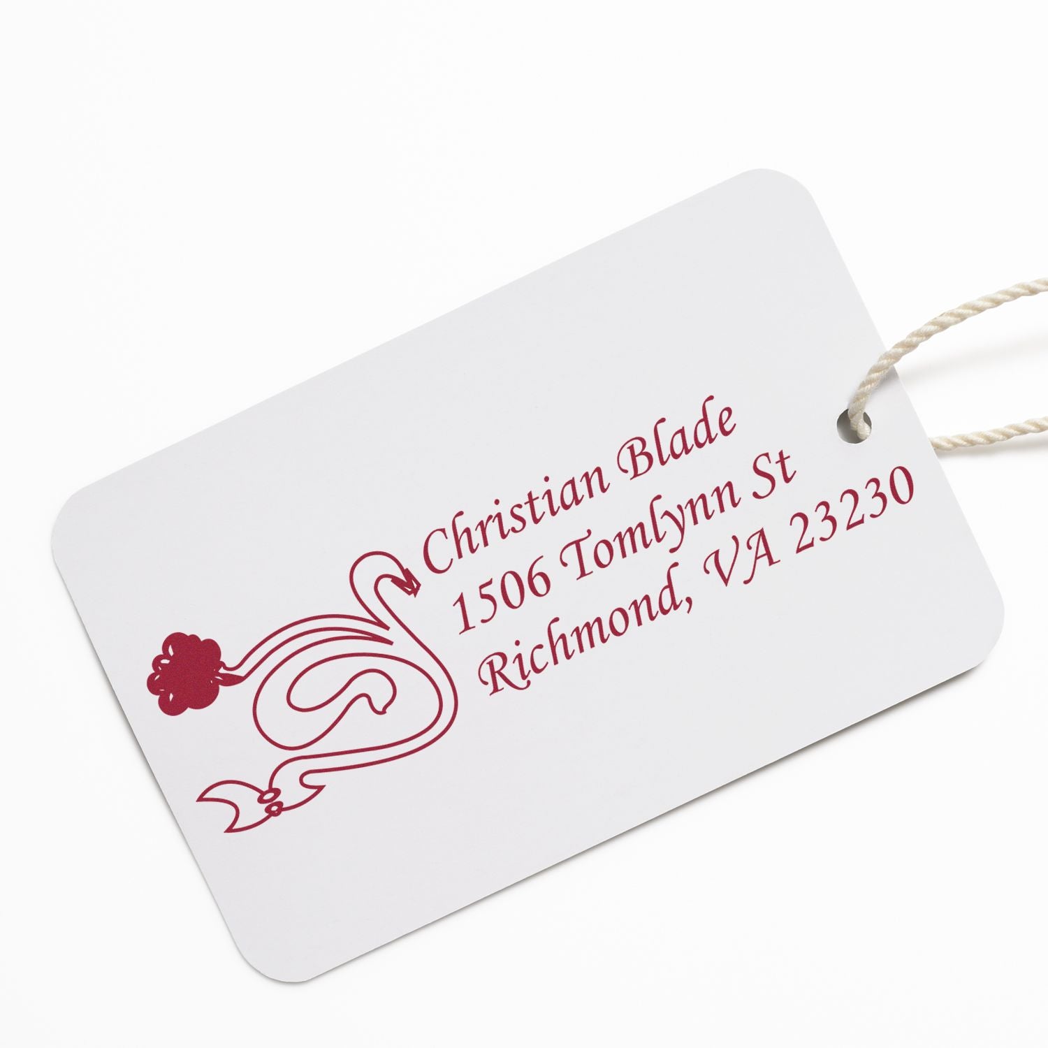 Personalized return address rubber stamp with floral swirl design, Christian Blade, 1506 Tomlynn St, Richmond, VA.