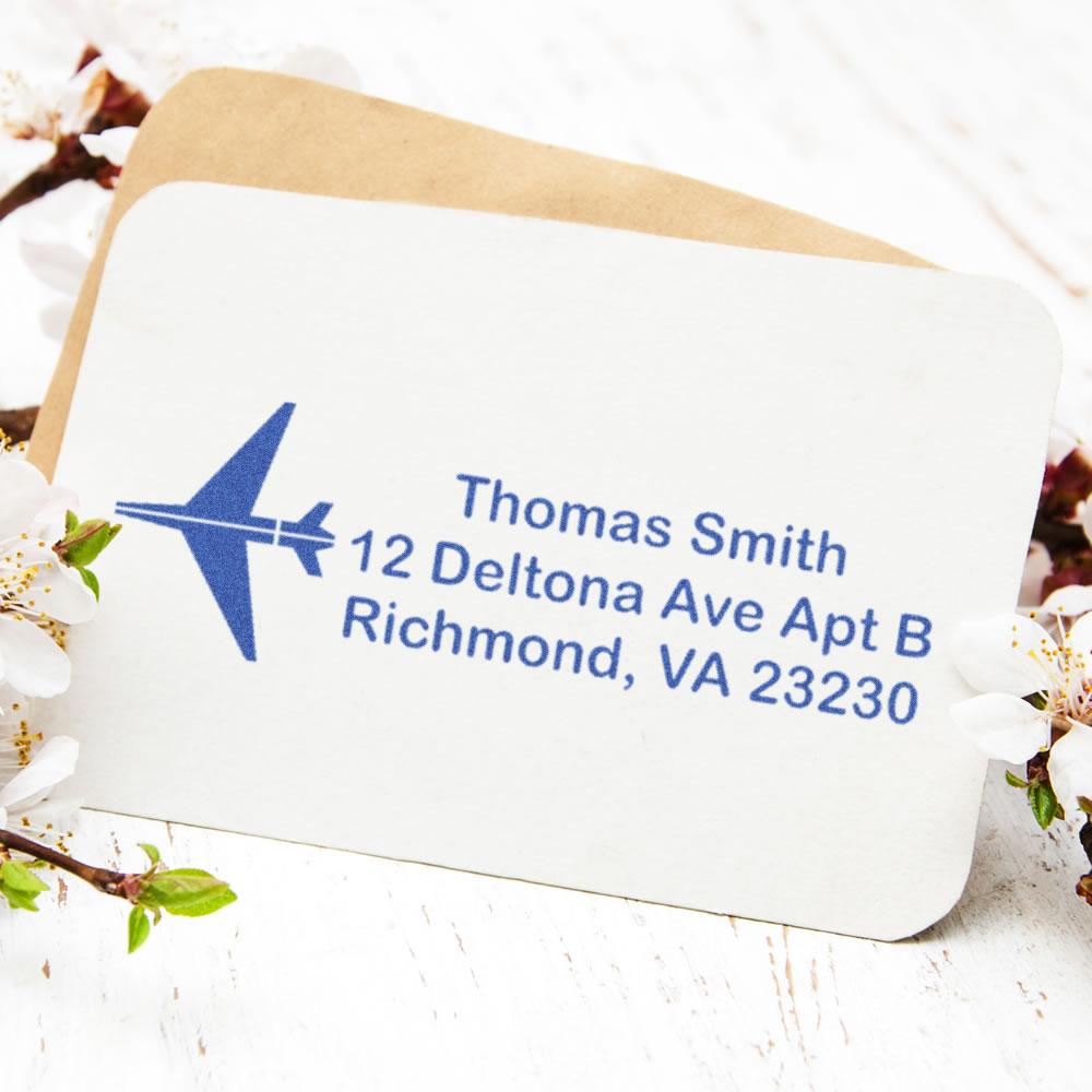 Custom return address rubber stamp with airplane logo for envelopes, mailing labels, and personalized correspondence
