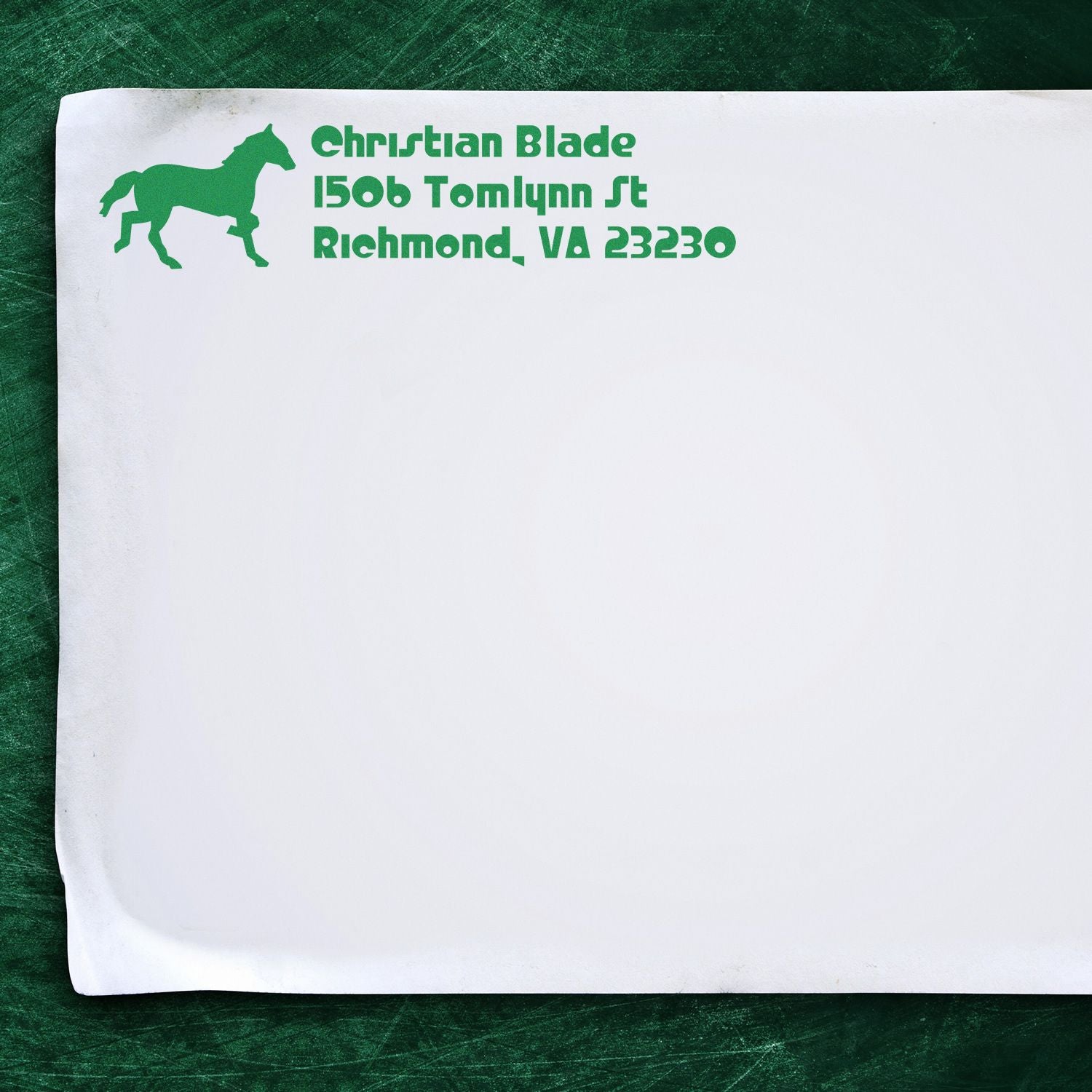 Green horse logo custom return address rubber stamp for Christian Blade, Richmond, VA 23230.