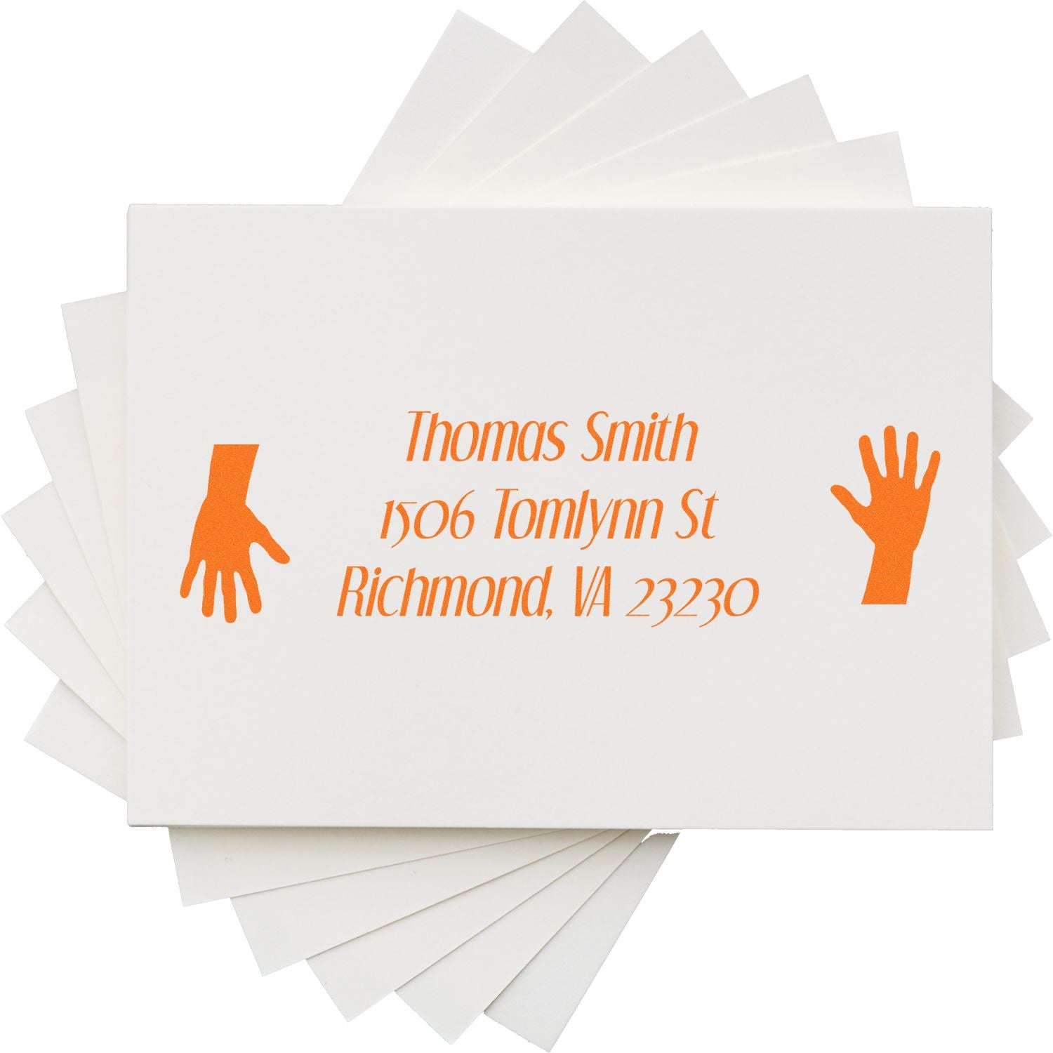 Custom address rubber stamp with hands design for envelopes, featuring Thomas Smith return address in Richmond, VA.