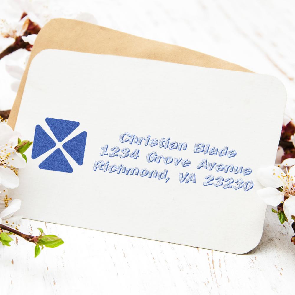 Personalized return address rubber stamp on white envelope with blue ink for Christian Blade, Richmond, VA.
