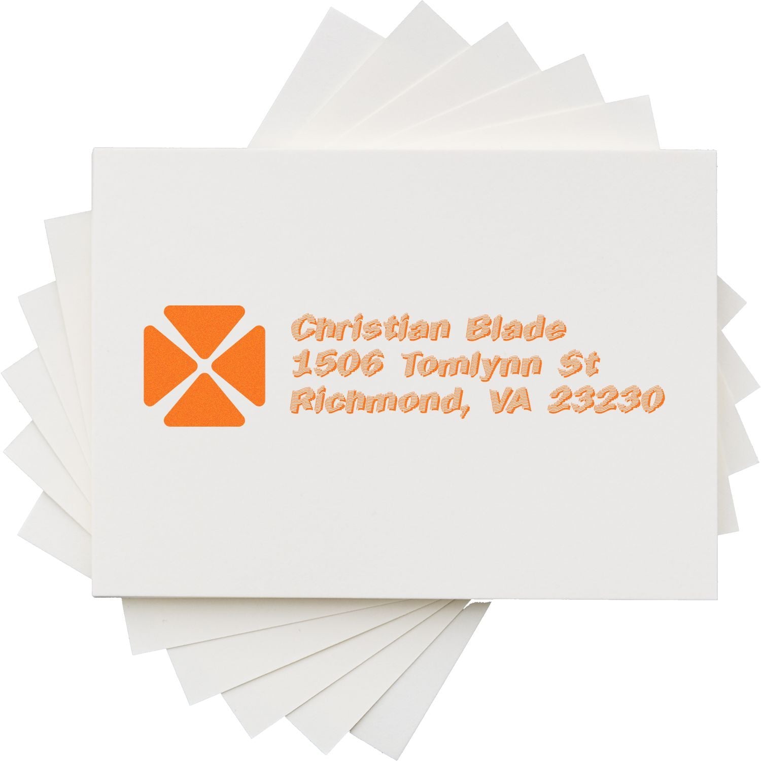 Custom return address rubber stamp for Christian Blade, Richmond, VA, with orange logo for business mailing.