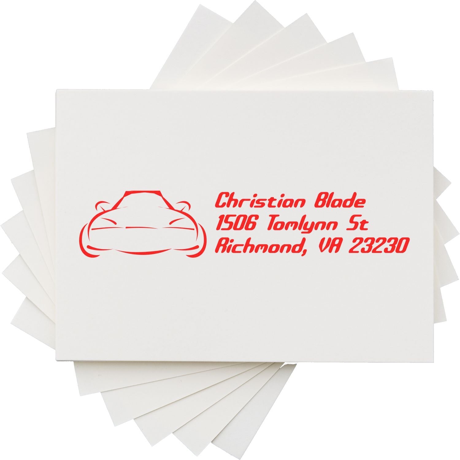 Custom rubber address stamp with car logo for Christian Blade, 1506 Tomlynn St, Richmond, VA 23230.