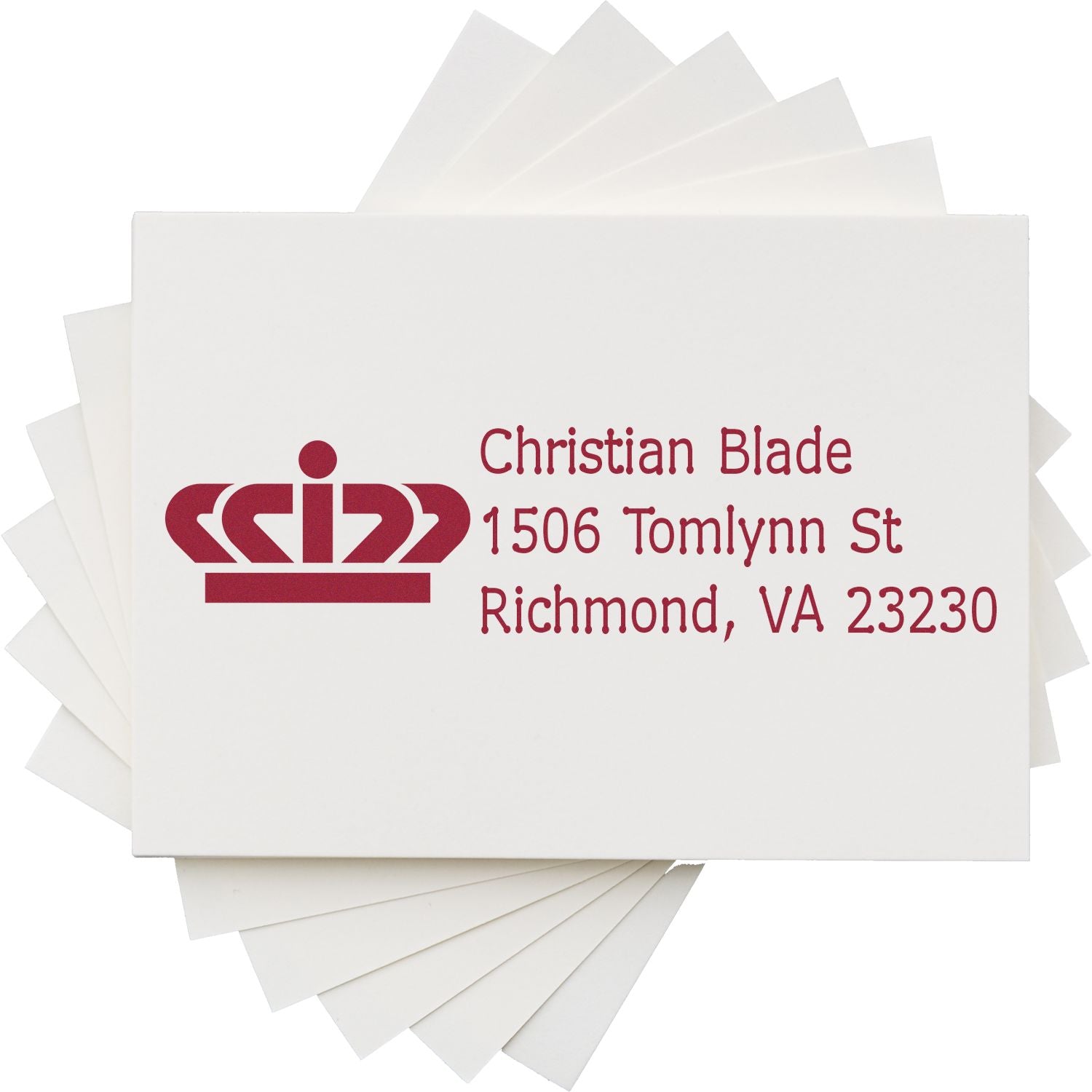 Custom rubber address stamp with crown logo for Christian Blade, 1506 Tomlynn St, Richmond, VA 23230.