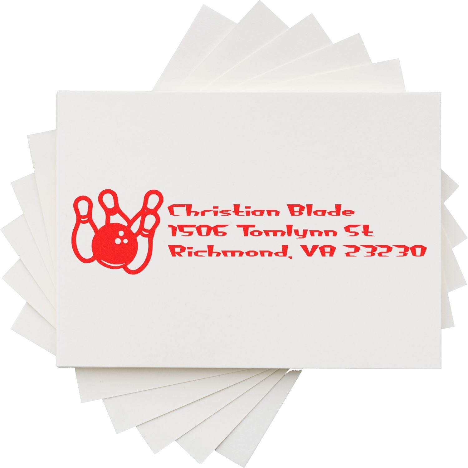 Custom return address rubber stamp with bowling logo for personalized envelopes and mailings