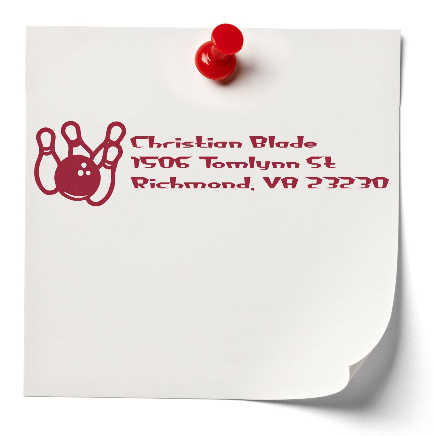 Custom rubber stamp imprint with bowling logo and return address for Christian Blade, Richmond, VA.