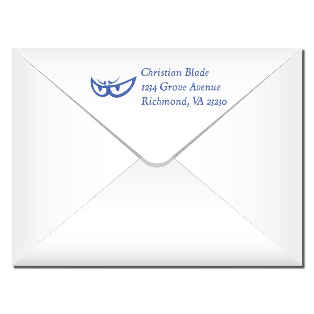 Custom blue return address rubber stamp on envelope with logo, ideal for personalized mailing and business branding.