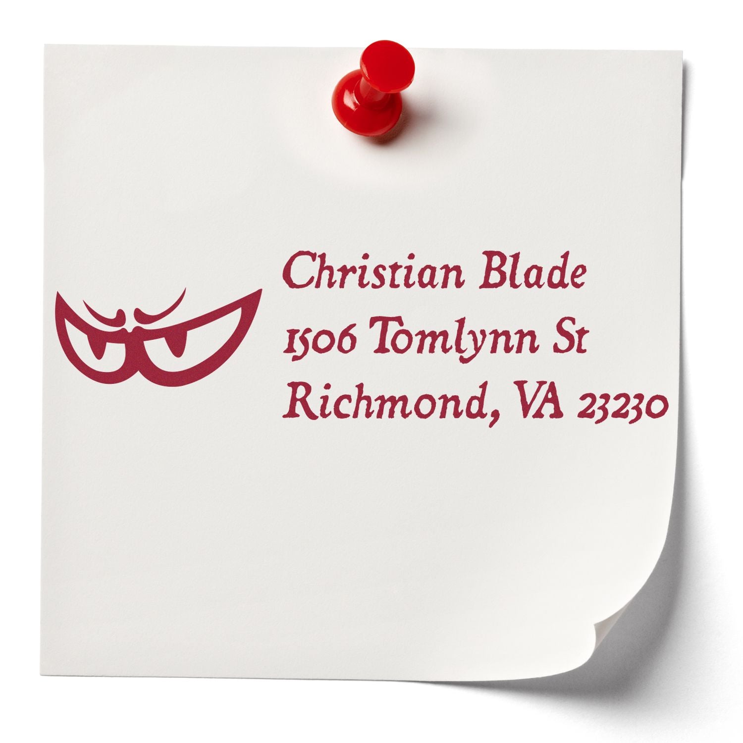 Custom return address rubber stamp for Christian Blade with logo, 1506 Tomlynn St, Richmond, VA 23230.