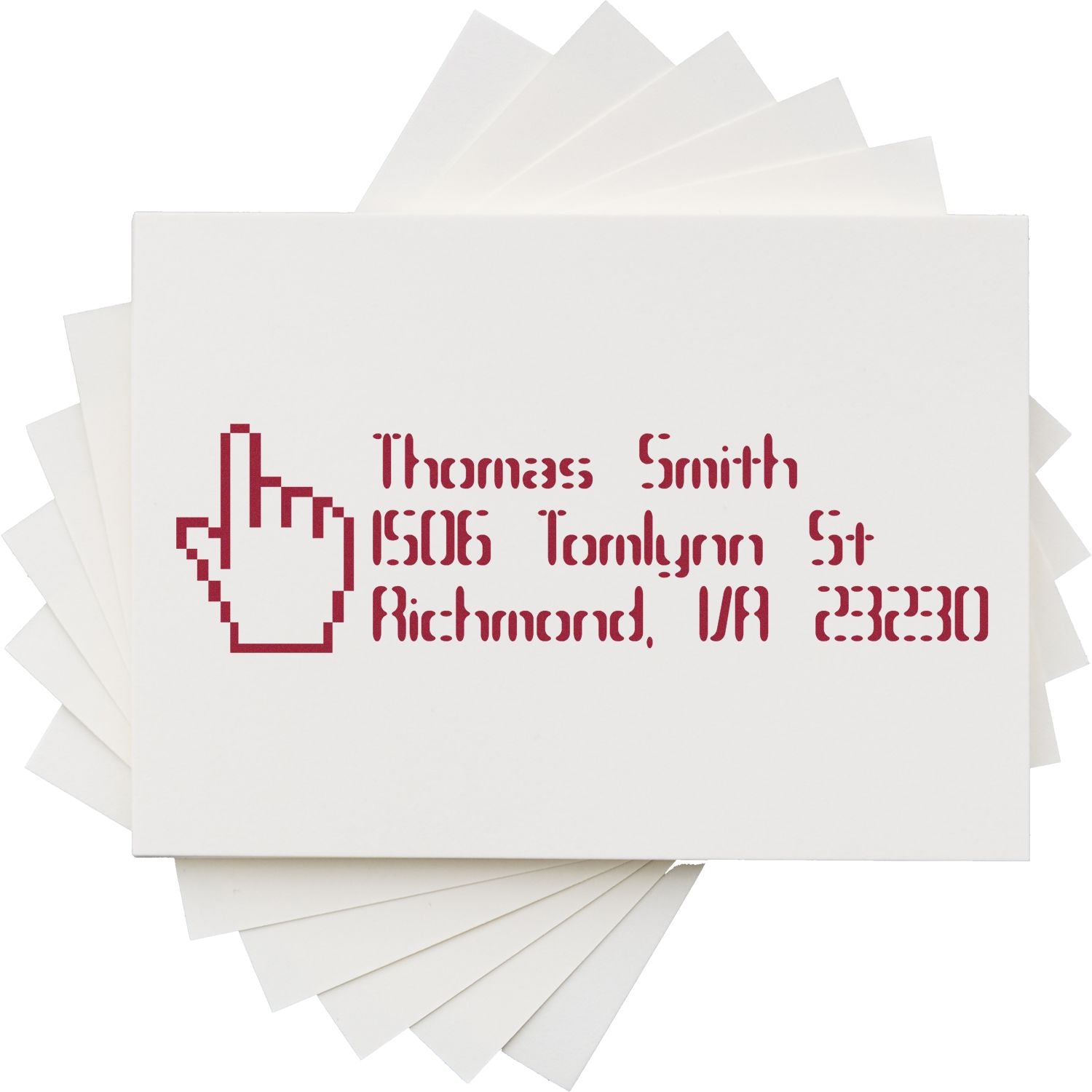 Custom rubber address stamp for Thomas Smith, 1506 Tomblyn St, Richmond, VA 23230, with pixel hand icon.