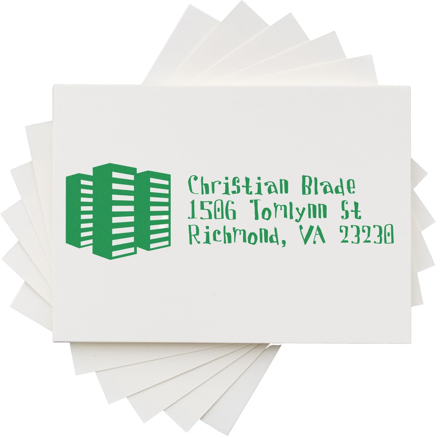 Custom address rubber stamp with Christian Blade logo and Richmond, VA return address for business mailings.