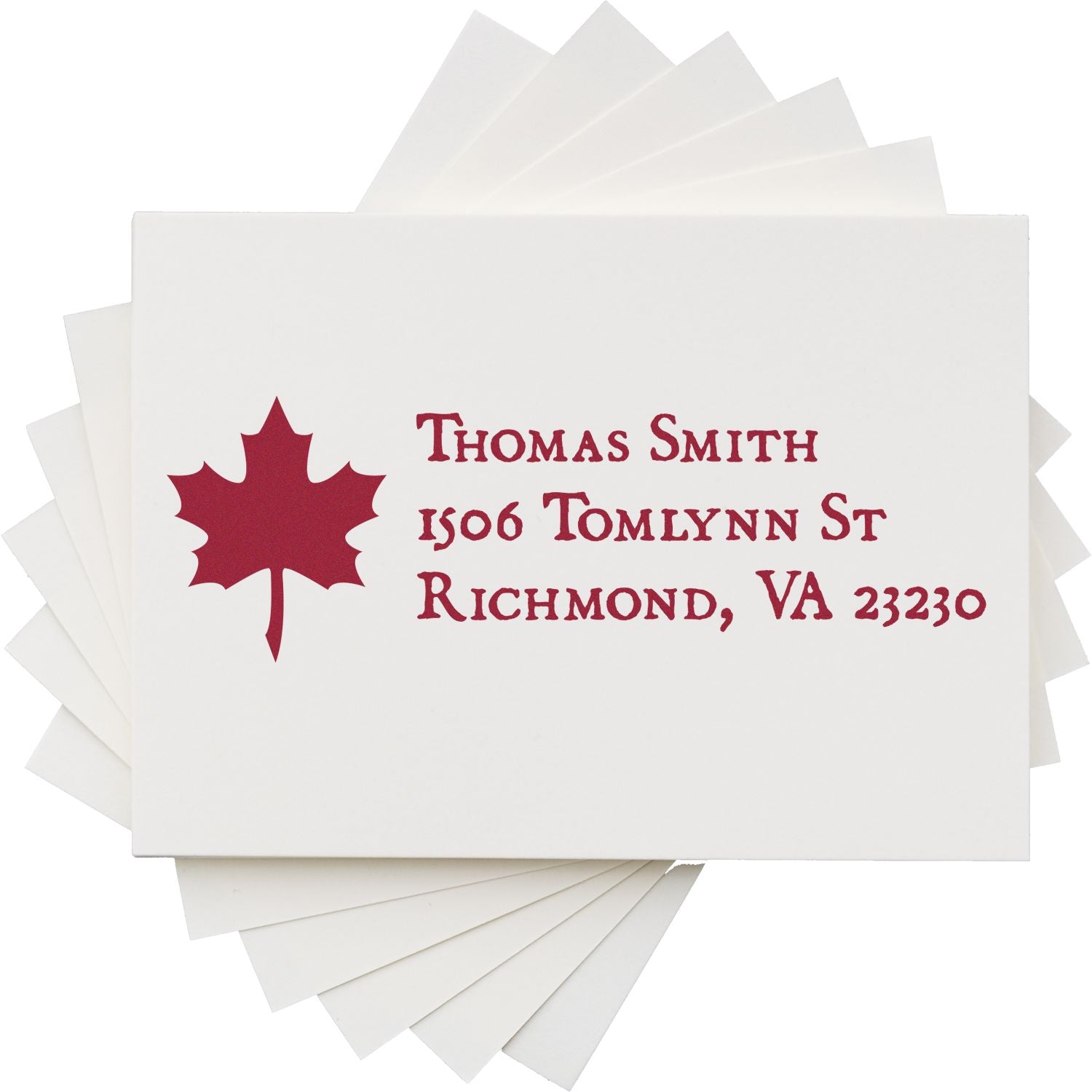 Custom return address rubber stamp with maple leaf logo, Thomas Smith, Richmond, VA 23230.