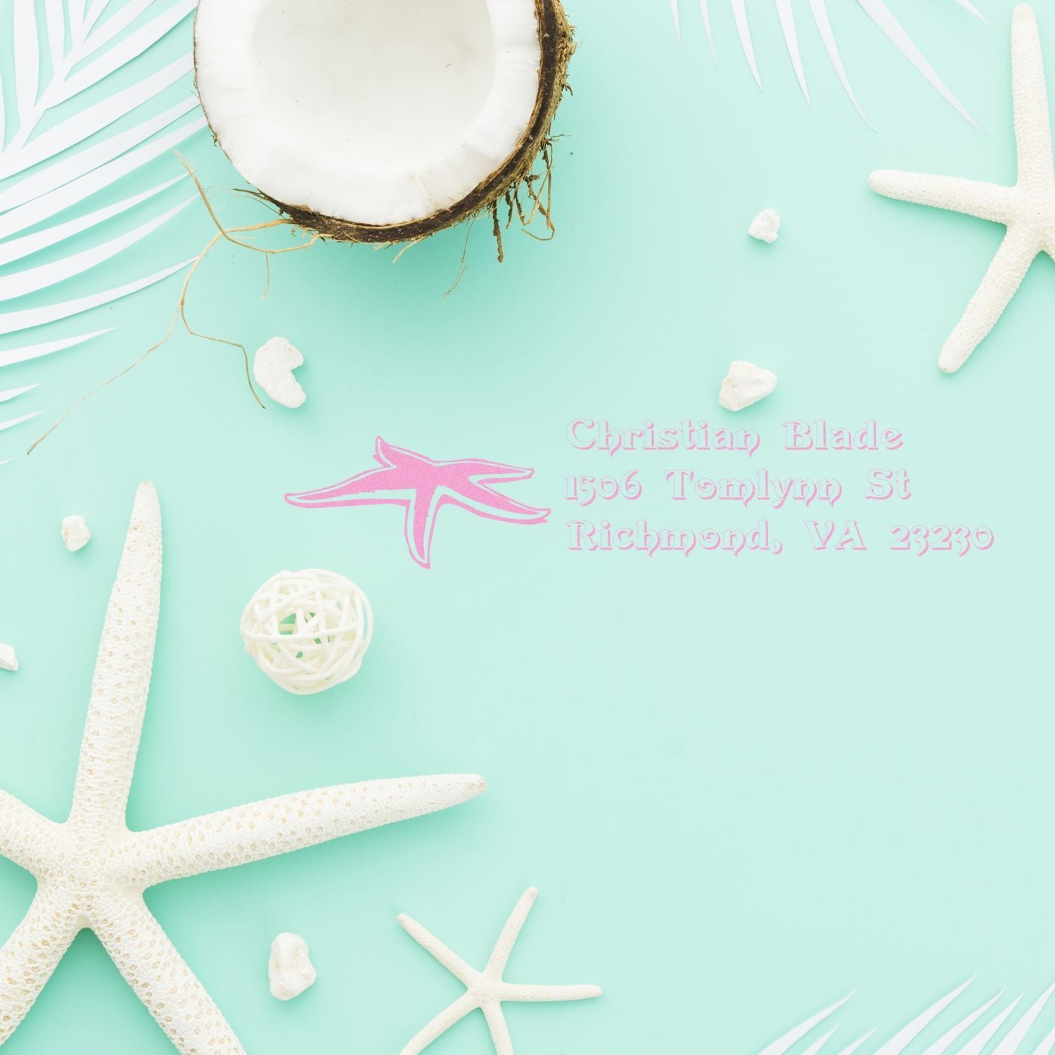 Beach-themed custom return address rubber stamp for envelopes and cards, featuring a starfish logo and pink ink.