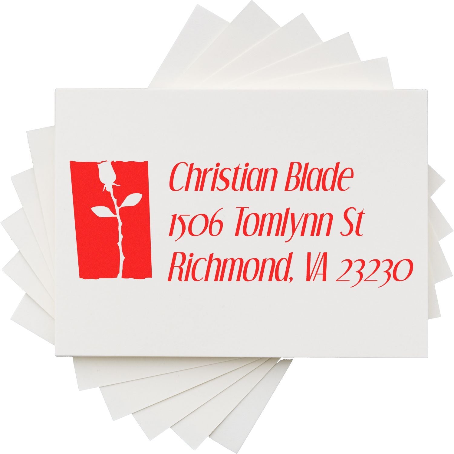 Custom Christian Blade address rubber stamp with logo, 1506 Tomlynn St, Richmond, VA 23230