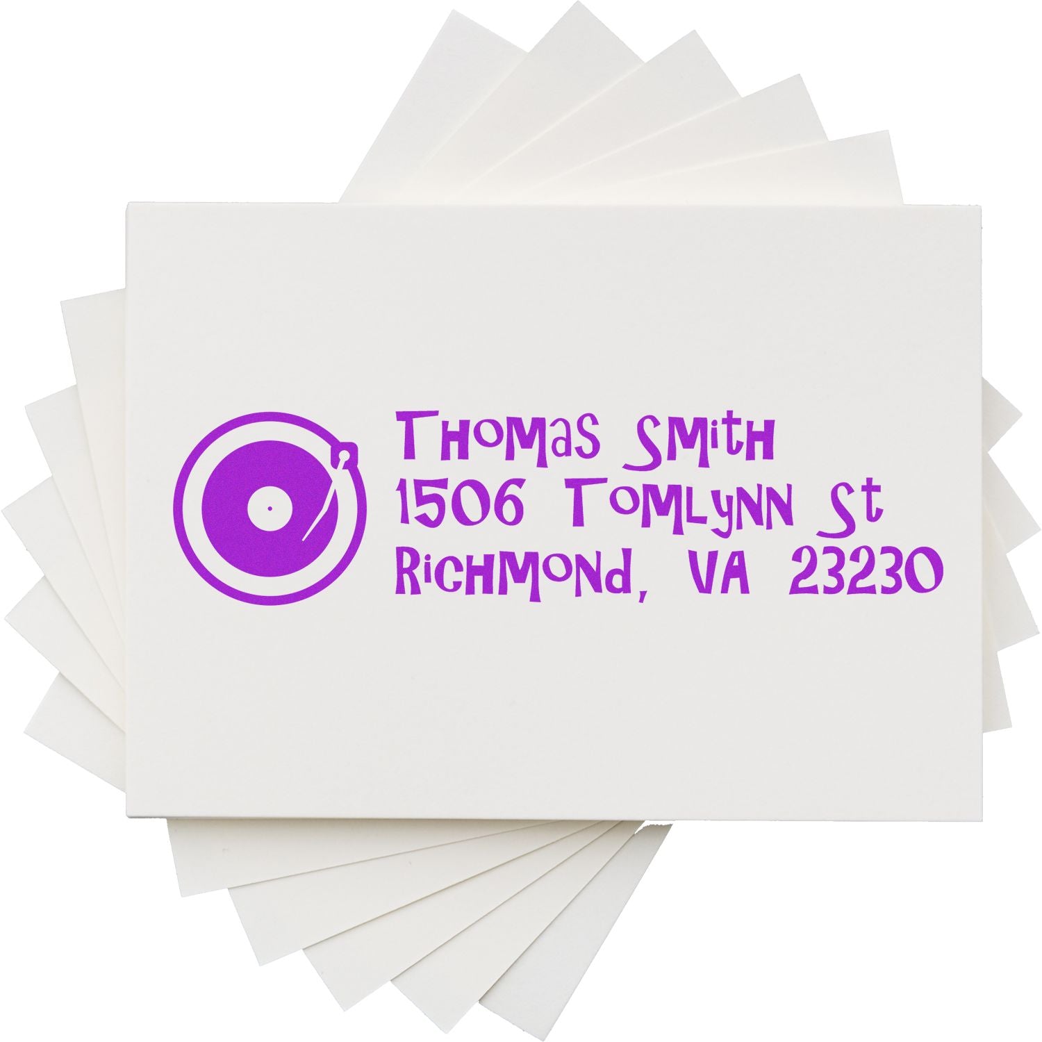 Custom return address rubber stamp with vinyl record logo for Thomas Smith, Richmond, VA 23230.