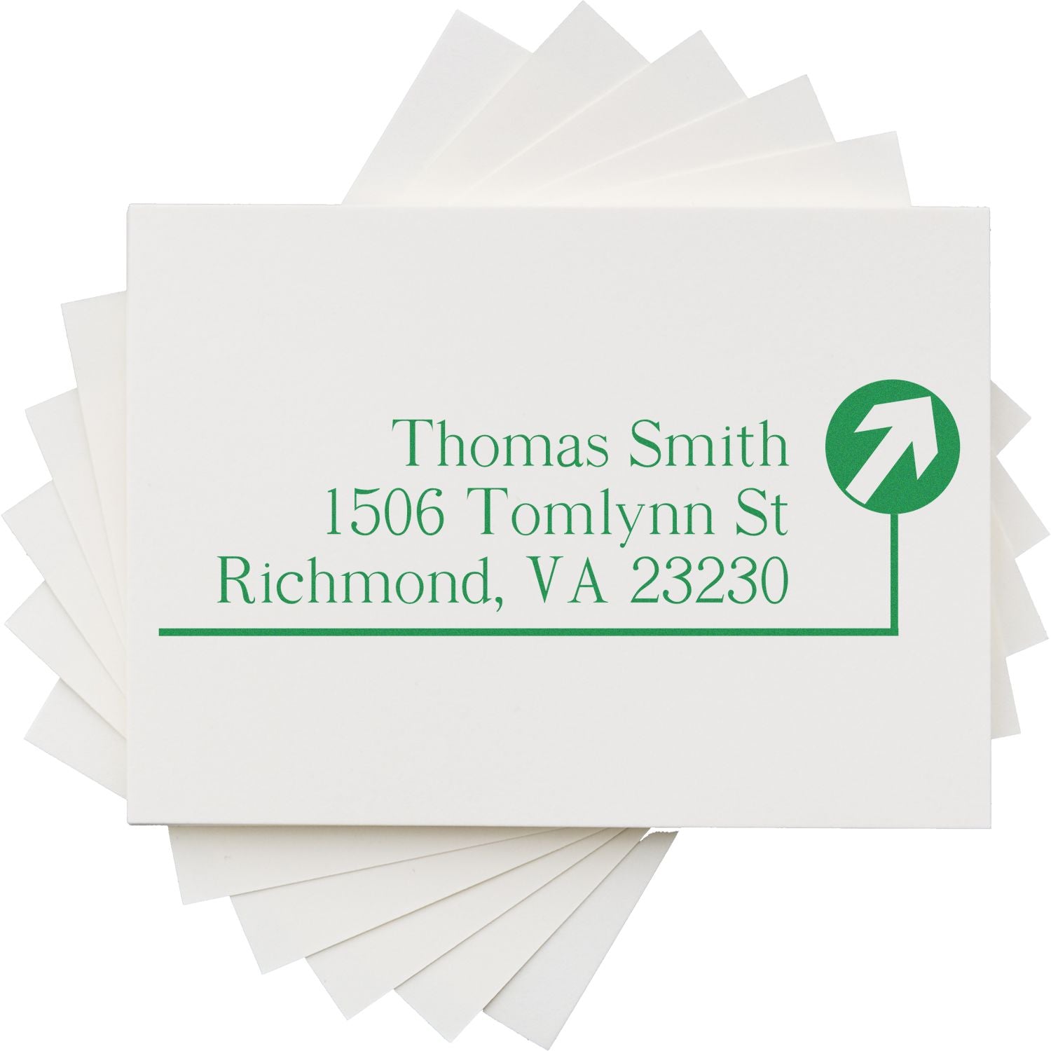 Custom return address rubber stamp for envelopes with Thomas Smith, Richmond, VA 23230 and green upward arrow design.