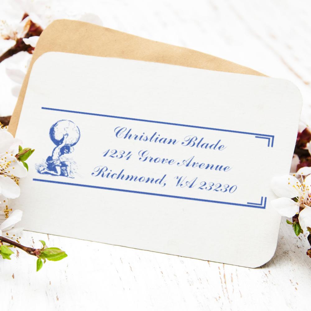 Custom return address rubber stamp on envelope for wedding invitations and stationery