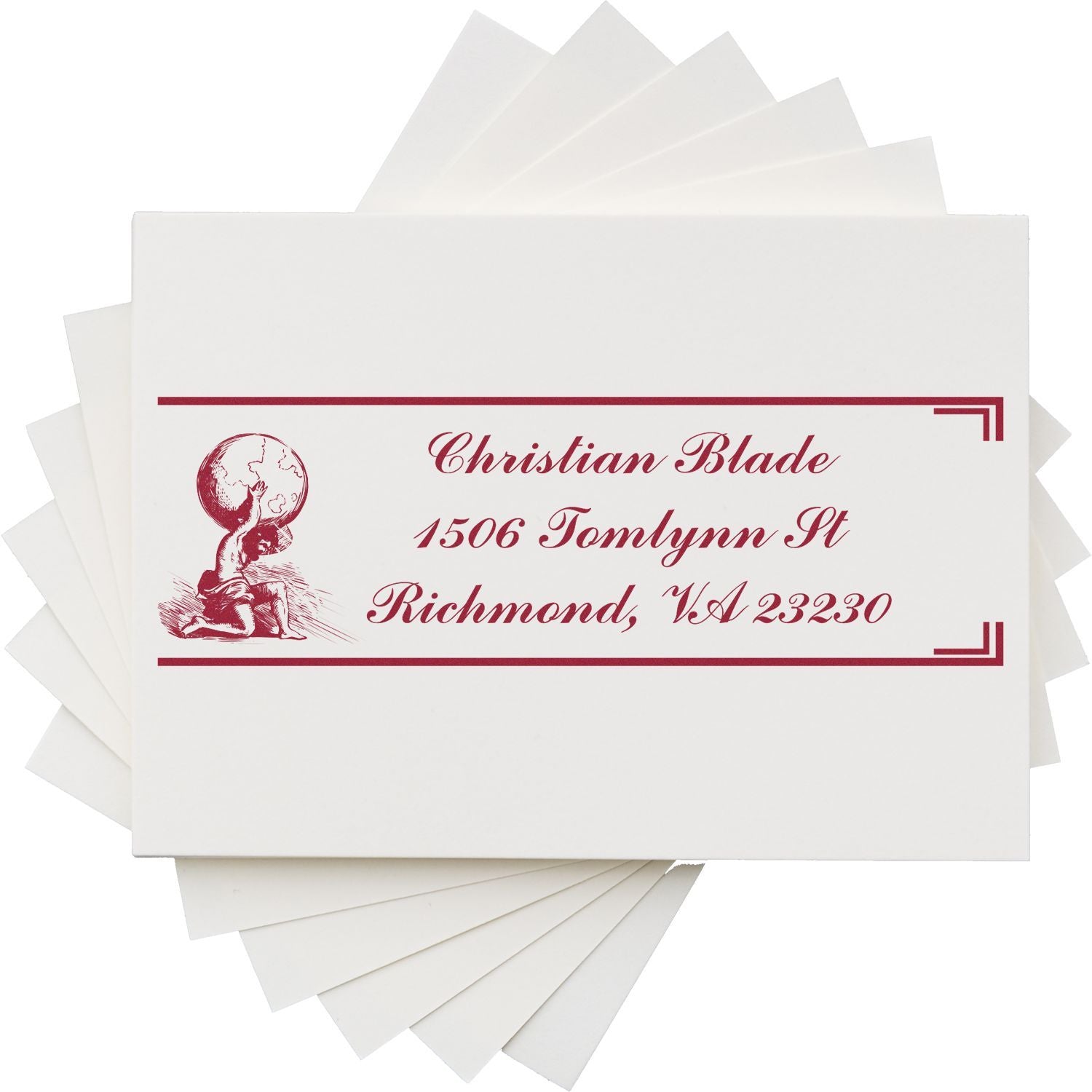 Personalized return address rubber stamp for envelopes, featuring Christian Blade and Richmond, VA address.