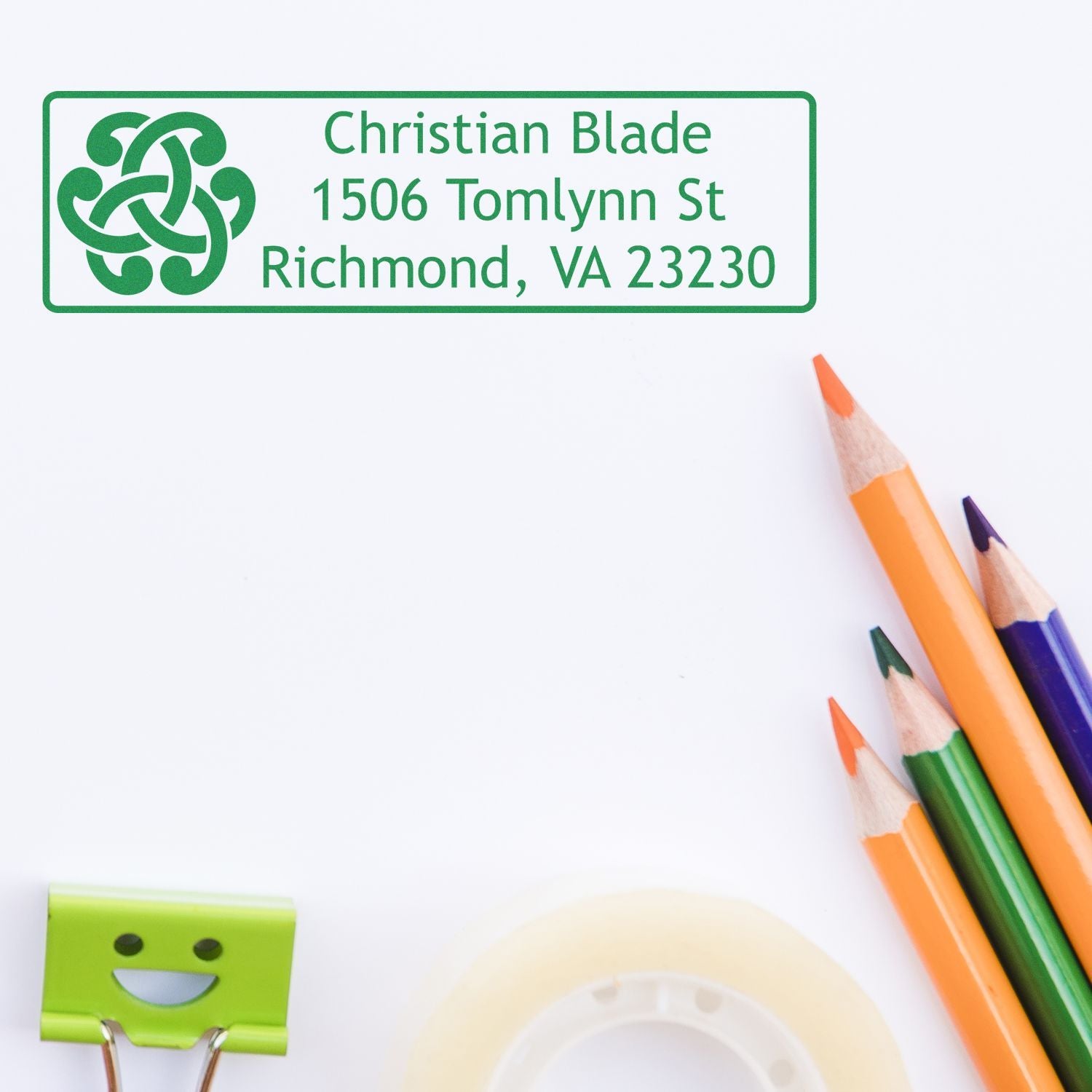 Custom address rubber stamp with Celtic knot logo, Christian Blade, Richmond, VA 23230.