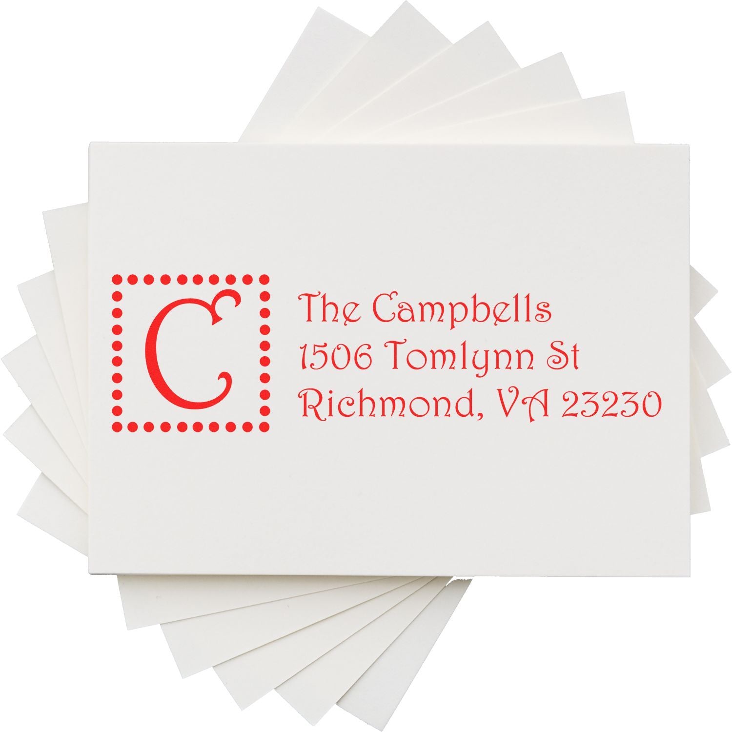 Personalized return address rubber stamp with monogram C and The Campbells, Richmond VA address for custom wedding or mail use.