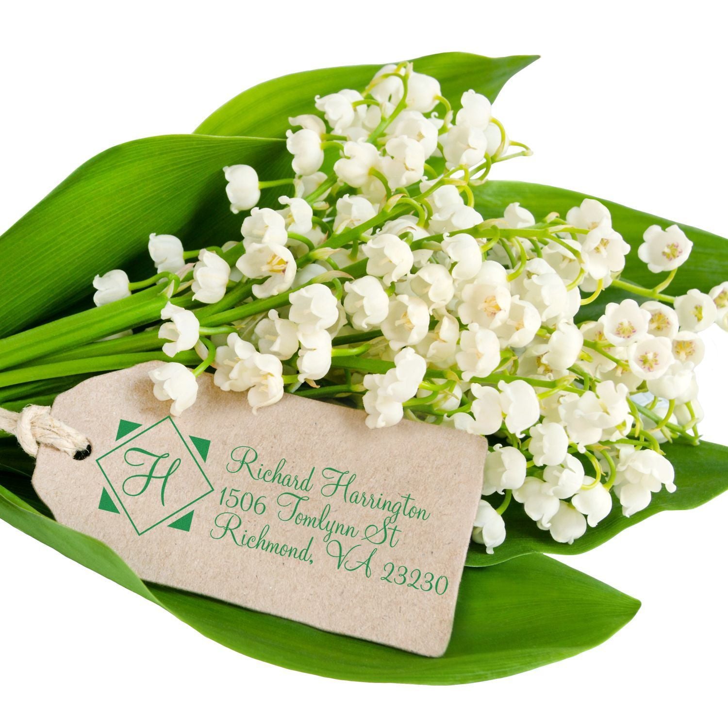 Lily of the valley custom return address rubber stamp with monogram H for wedding invitations and mailing labels