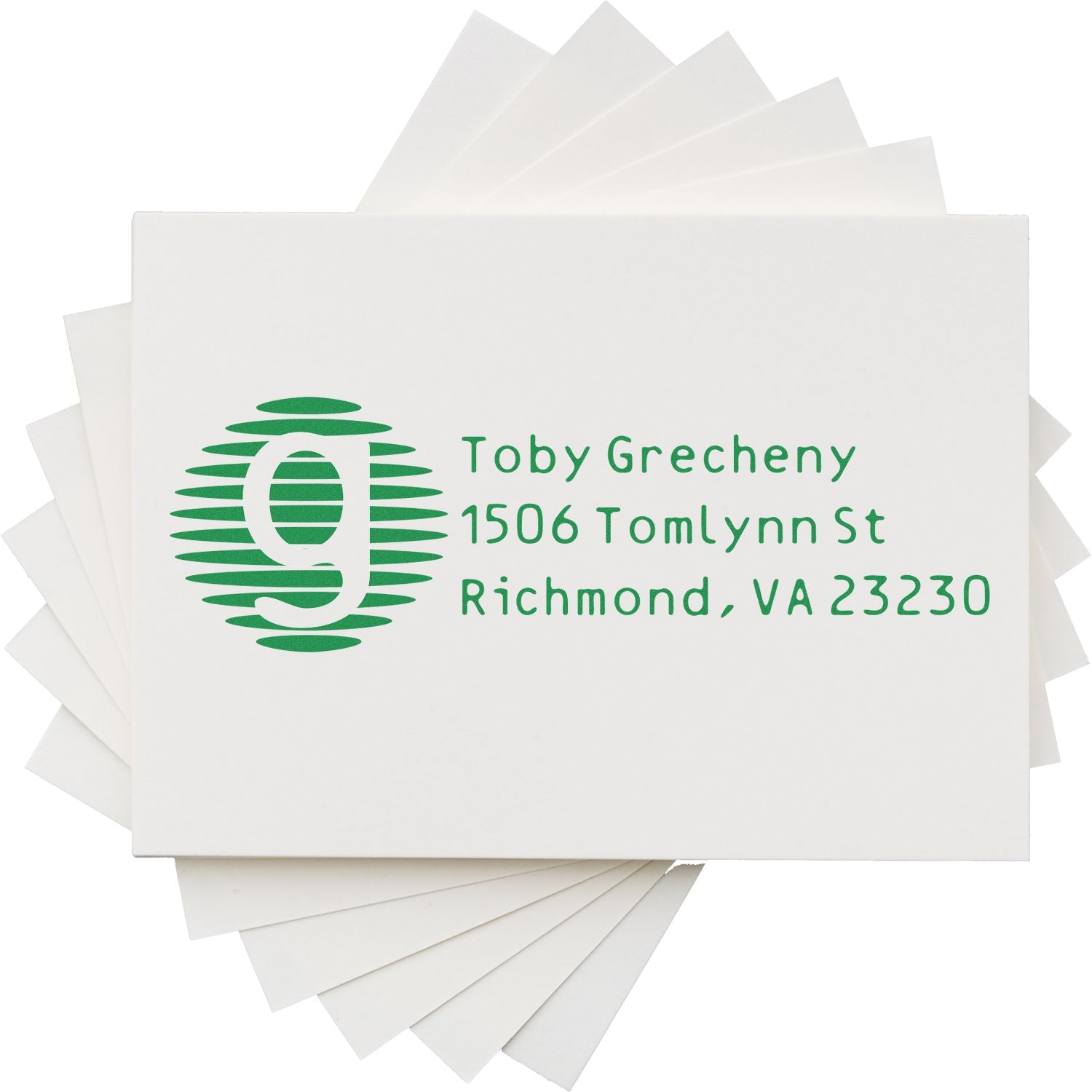 Custom return address rubber stamp with green monogram logo and Toby Grecheny address, Richmond, VA 23230.