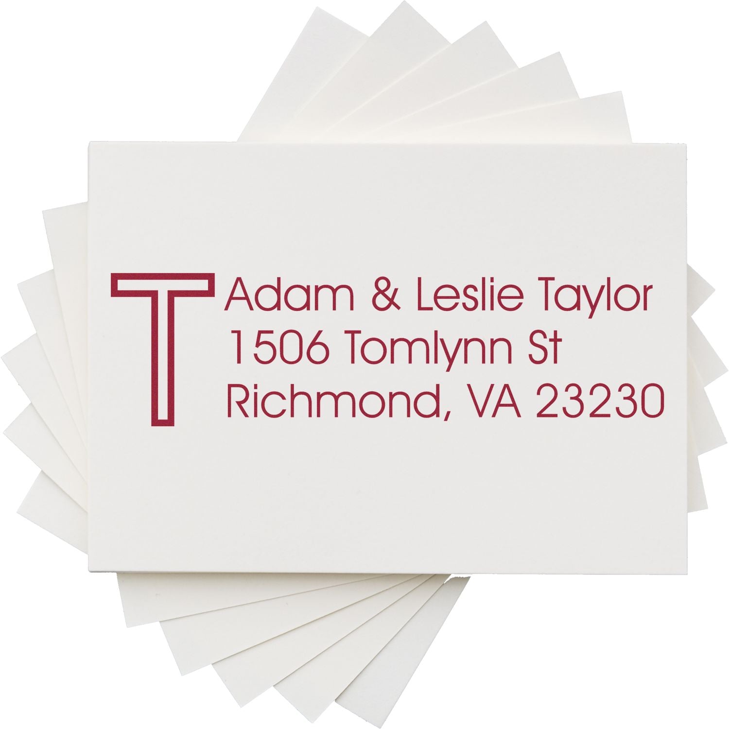 Custom return address rubber stamp with personalized name and Richmond, VA address on sample cards.