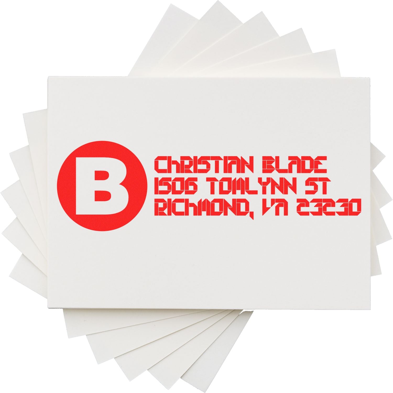Custom return address rubber stamp for Christian Blade, 1506 Tommylnn St, Richmond, VA 23220, shown on stacked white cards.
