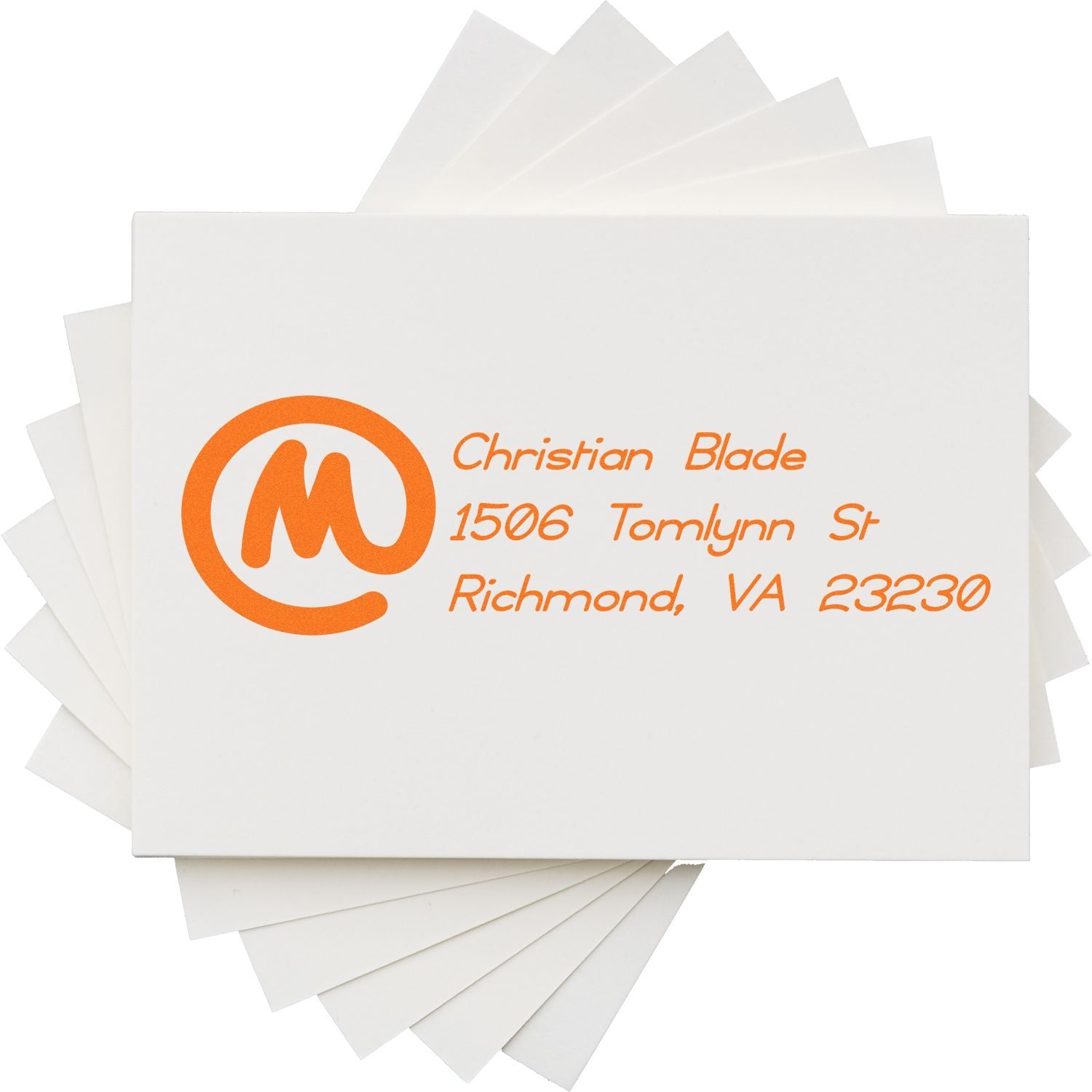 Custom return address rubber stamp sample with logo, featuring Christian Blade, Richmond, VA on white paper.