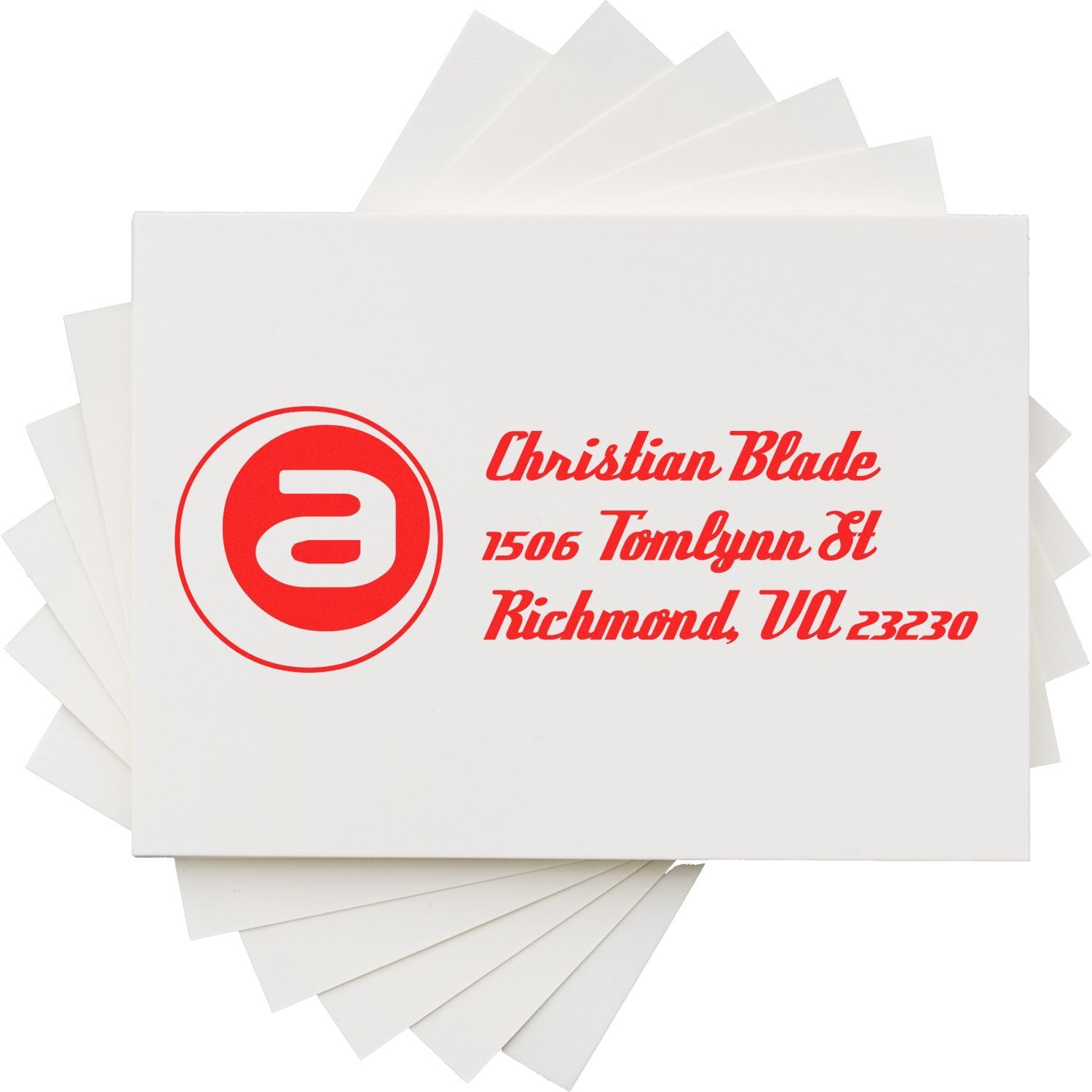 Custom rubber stamp for Christian Blade with logo and Richmond, VA address for business mailing and branding.