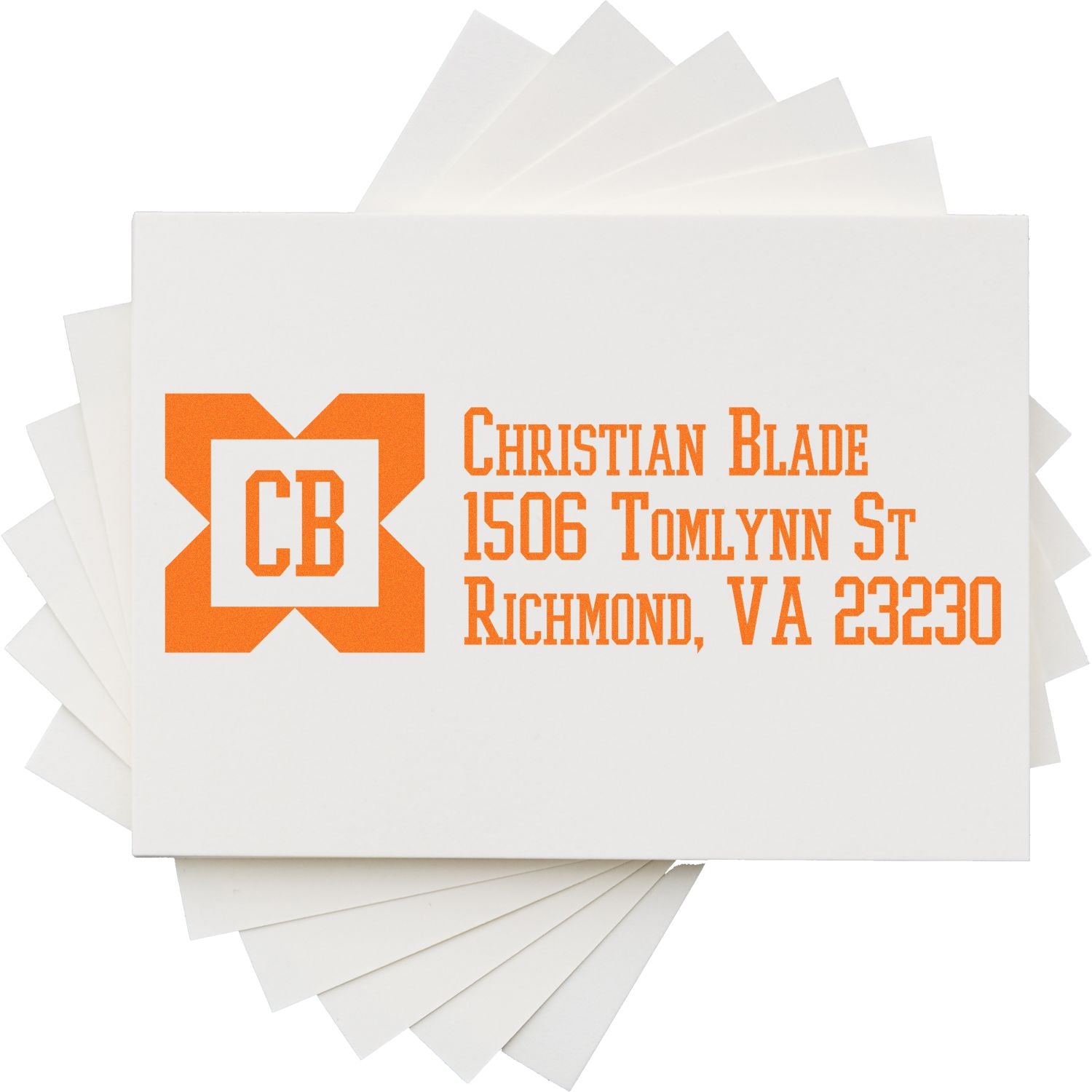 Custom return address rubber stamp with CB monogram for envelopes, Christian Blade, Richmond, VA.
