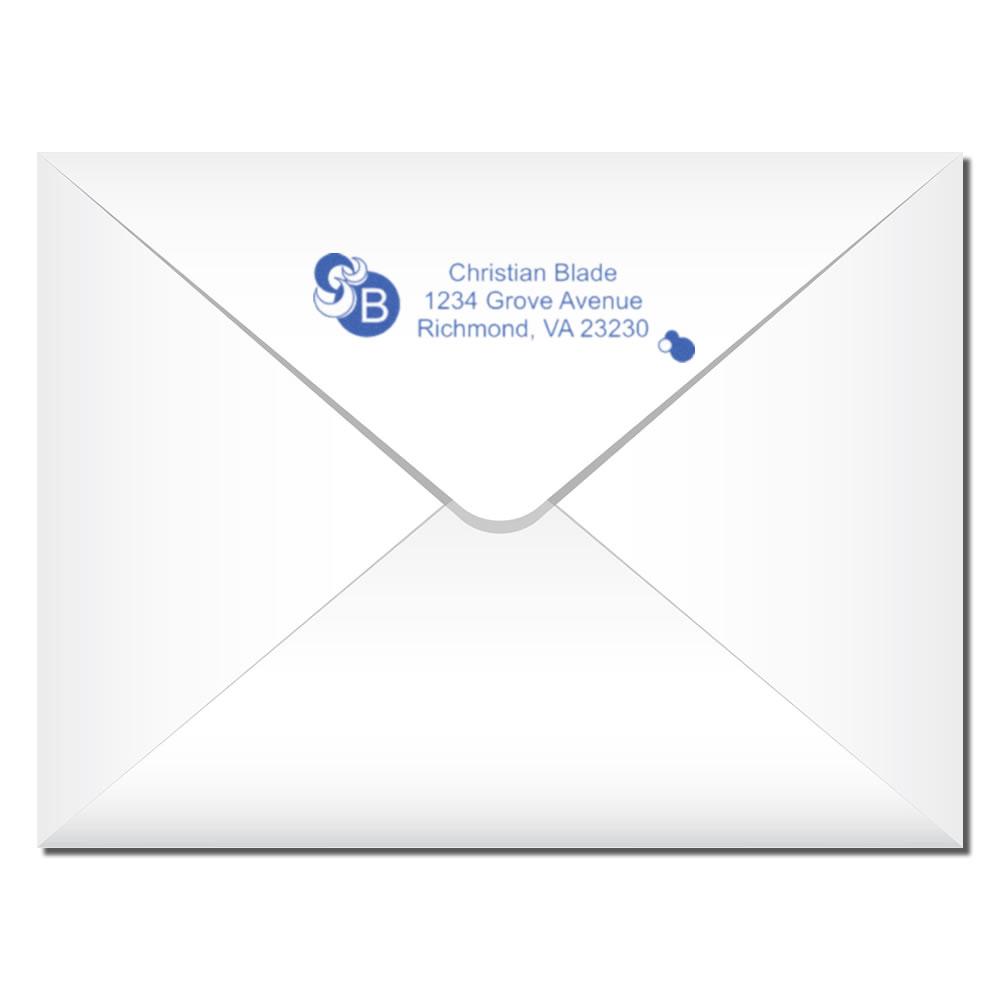Custom return address rubber stamp on white envelope with Christian Blade, 1234 Grove Avenue, Richmond, VA 23230.