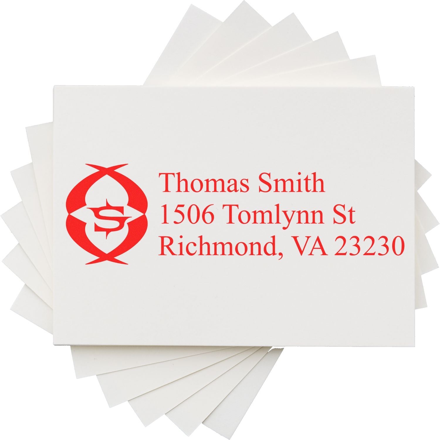 Custom return address rubber stamp with Thomas Smith, 1506 Tomlynn St, Richmond, VA 23230, red monogram logo