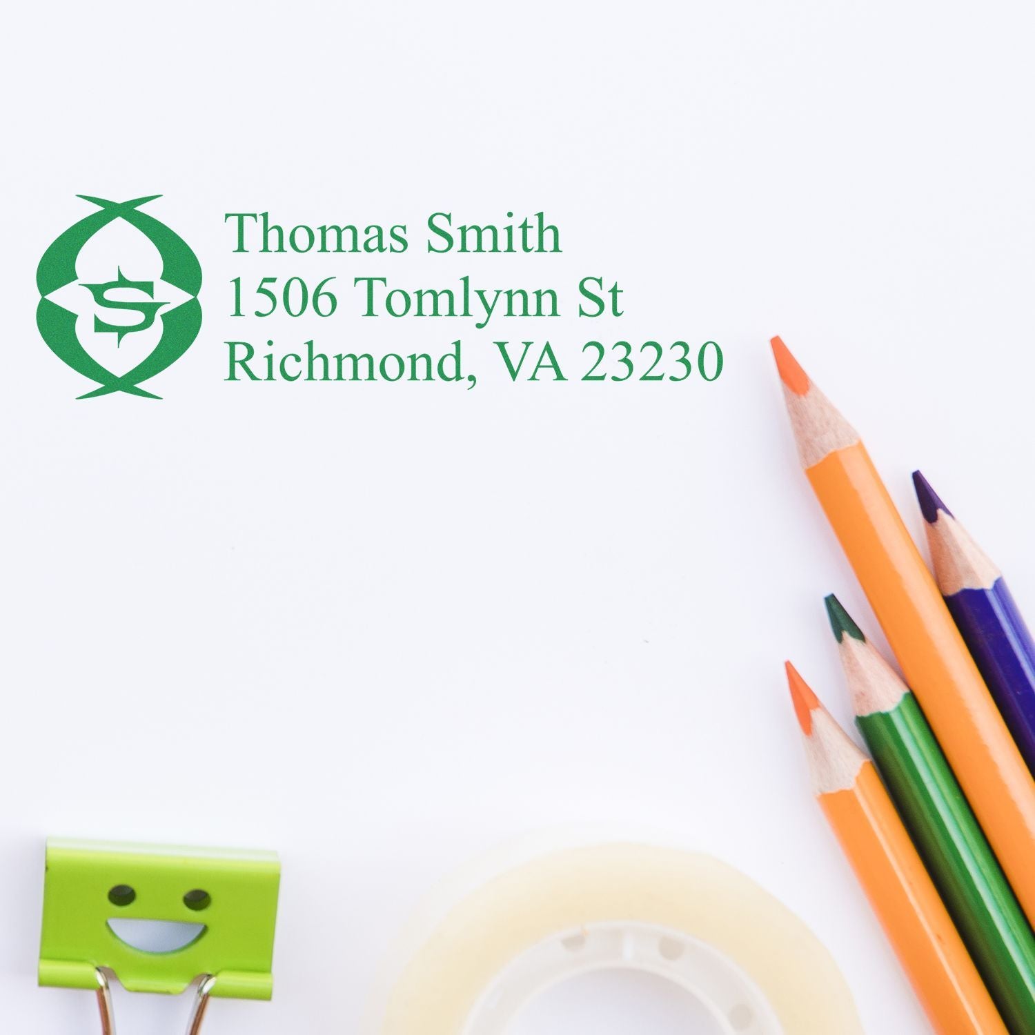 Custom return address rubber stamp for Thomas Smith, 1506 Tomlynn St, Richmond, VA 23230 in green.