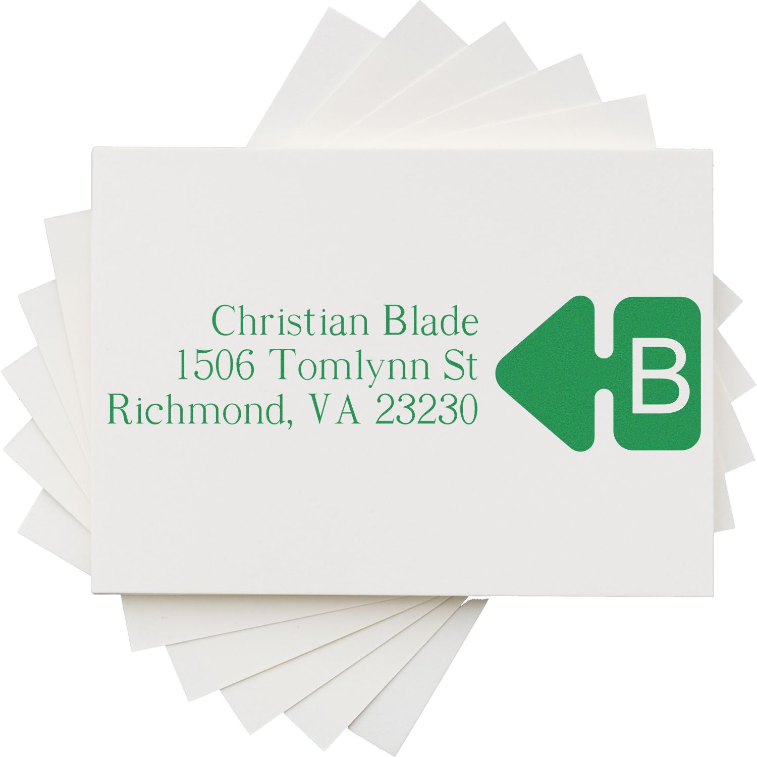 Custom return address rubber stamp with Christian Blade, Richmond VA 23230, for mailing envelopes.