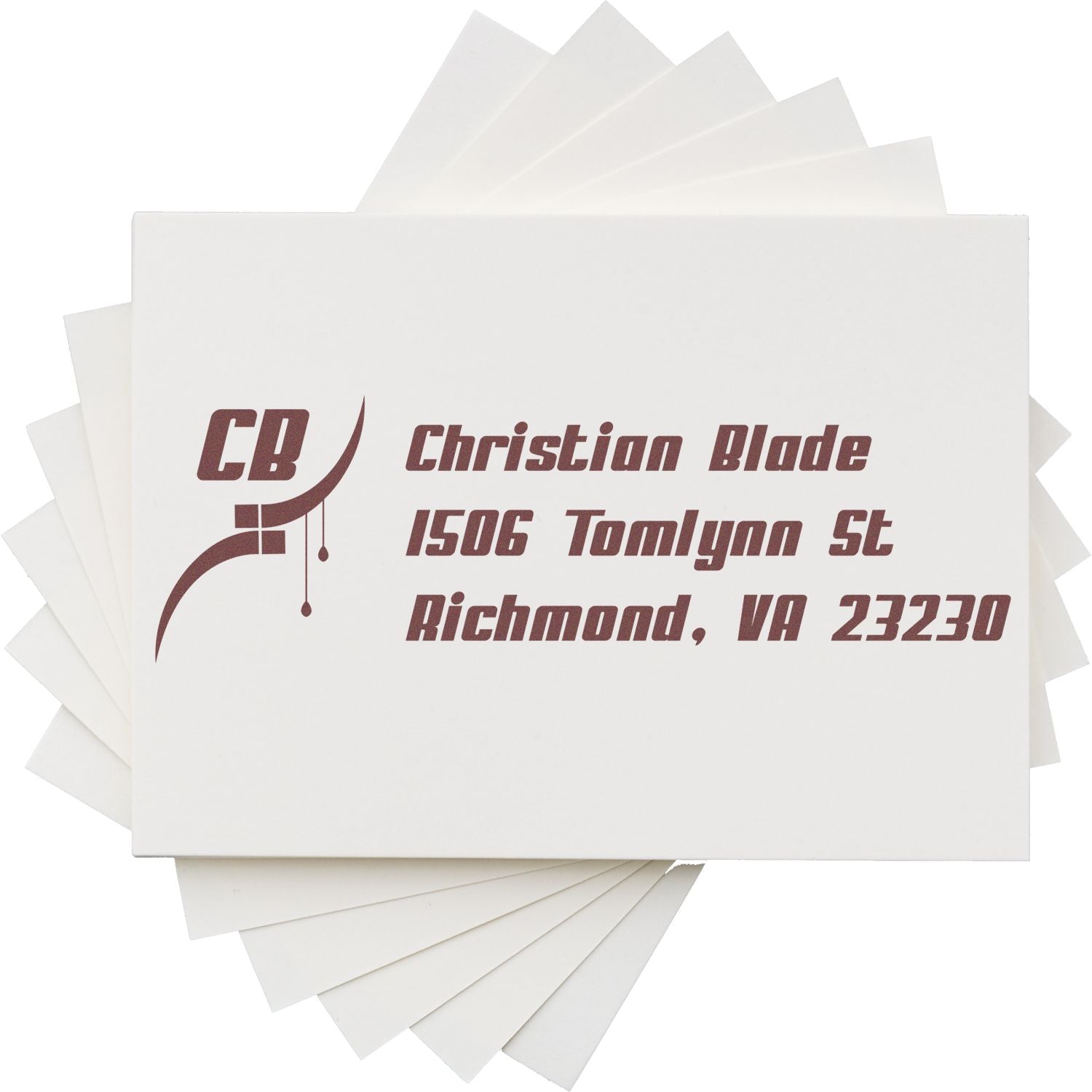 Custom business rubber stamp with Christian Blade logo and Richmond, VA address for mailing, branding, and return envelope use.