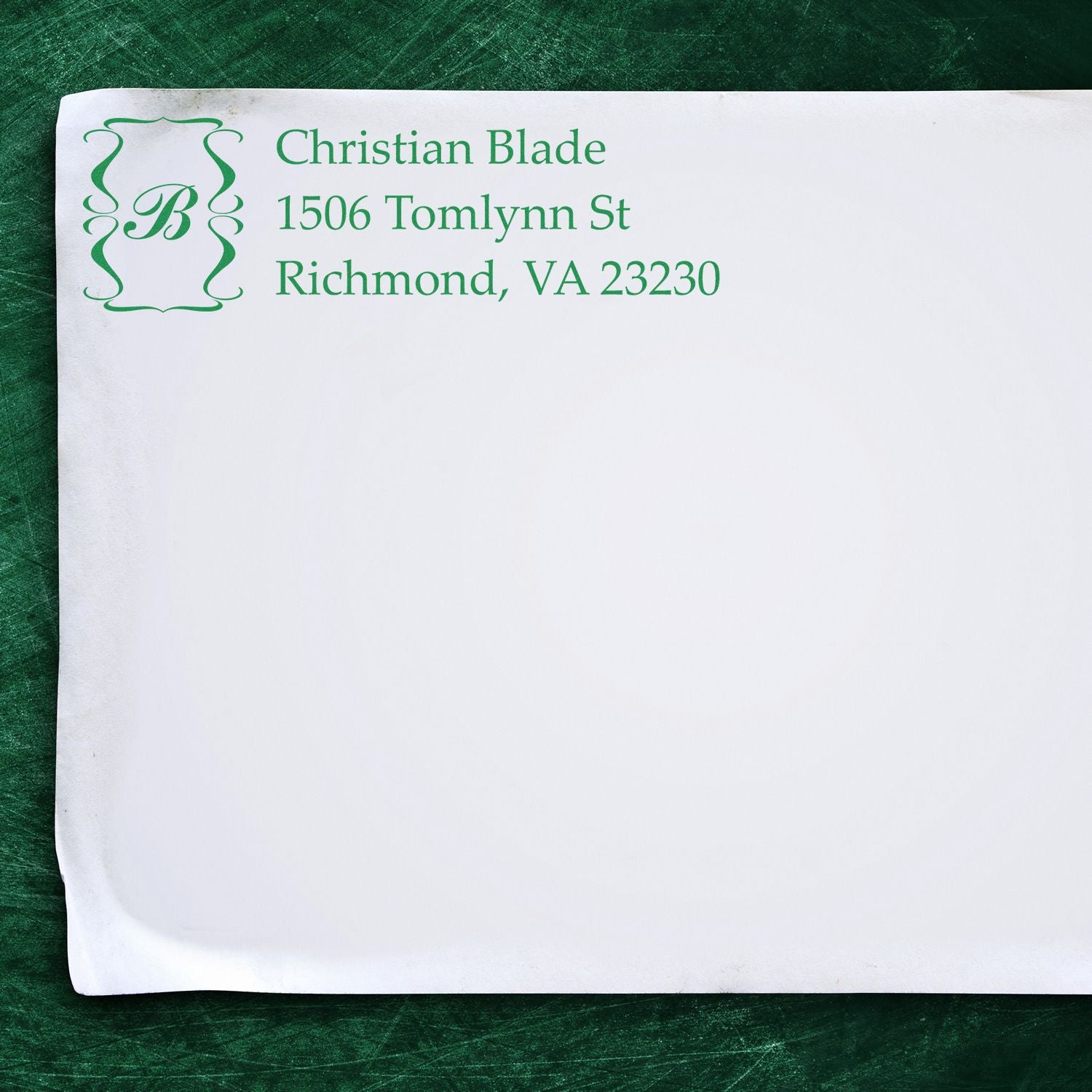 Custom monogram return address rubber stamp for Christian Blade, 1506 Tomlynn St, Richmond, VA 23230.