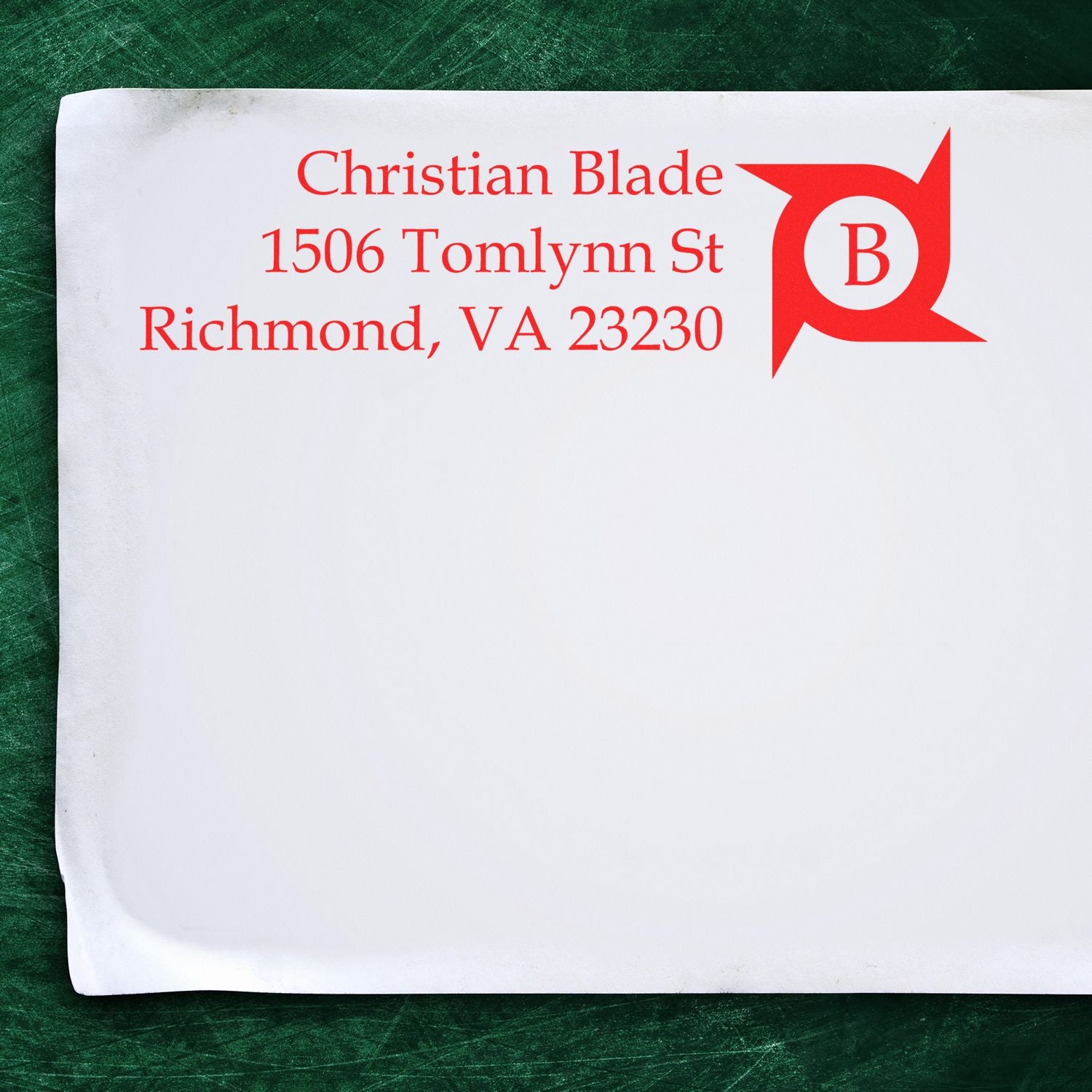 Custom return address rubber stamp for Christian Blade, 1506 Tomlynn St, Richmond, VA 23230, with monogram logo.
