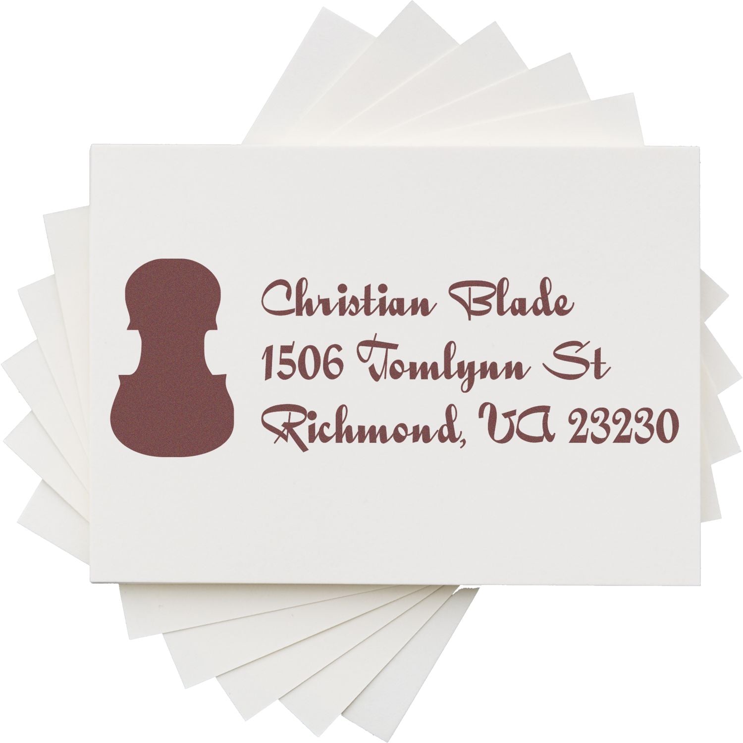 Custom return address rubber stamp with Christian Blade, 1506 Tomlynn St, Richmond, VA 23230 for envelopes.