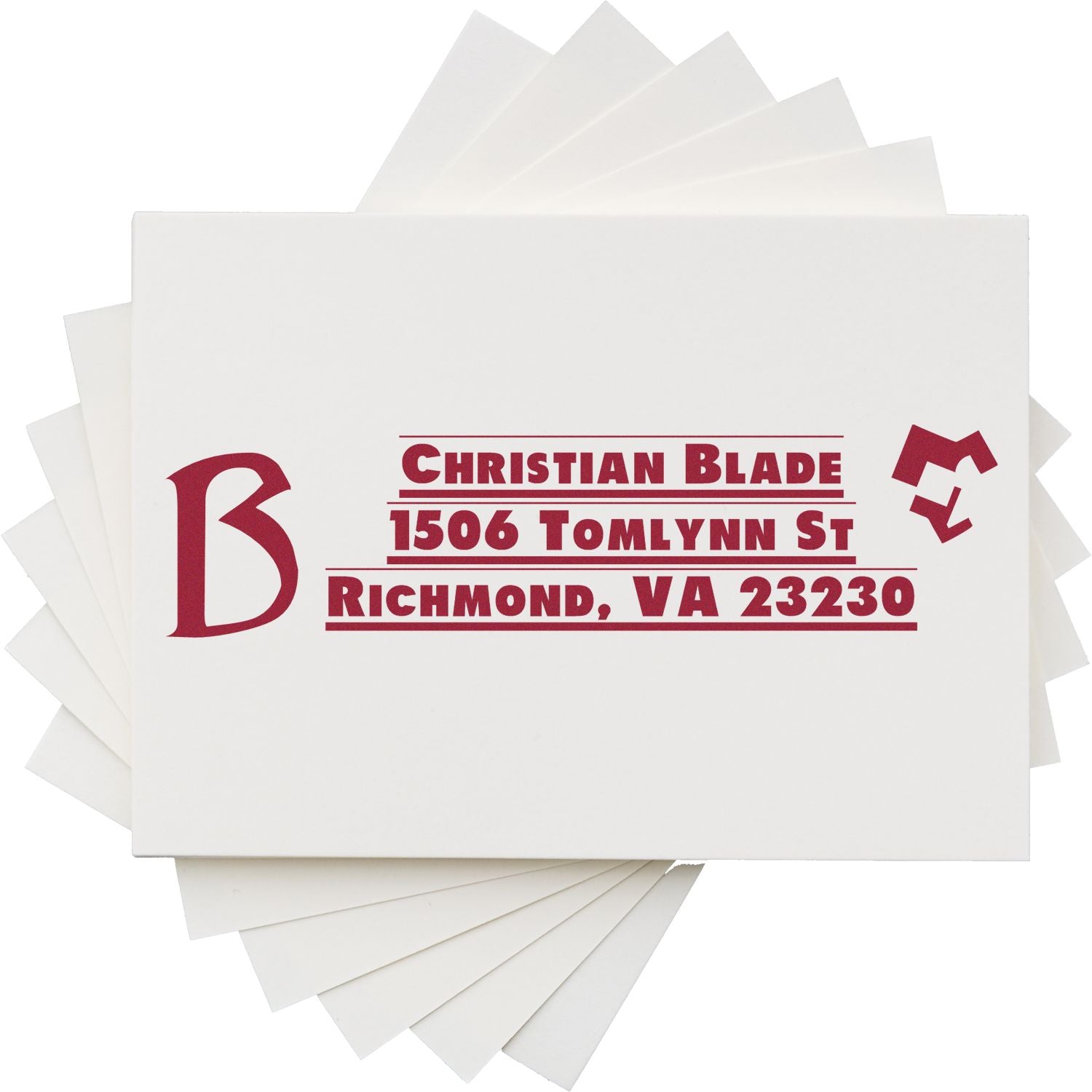 Personalized return address rubber stamp with monogram B for Christian Blade, Richmond, VA 23230.