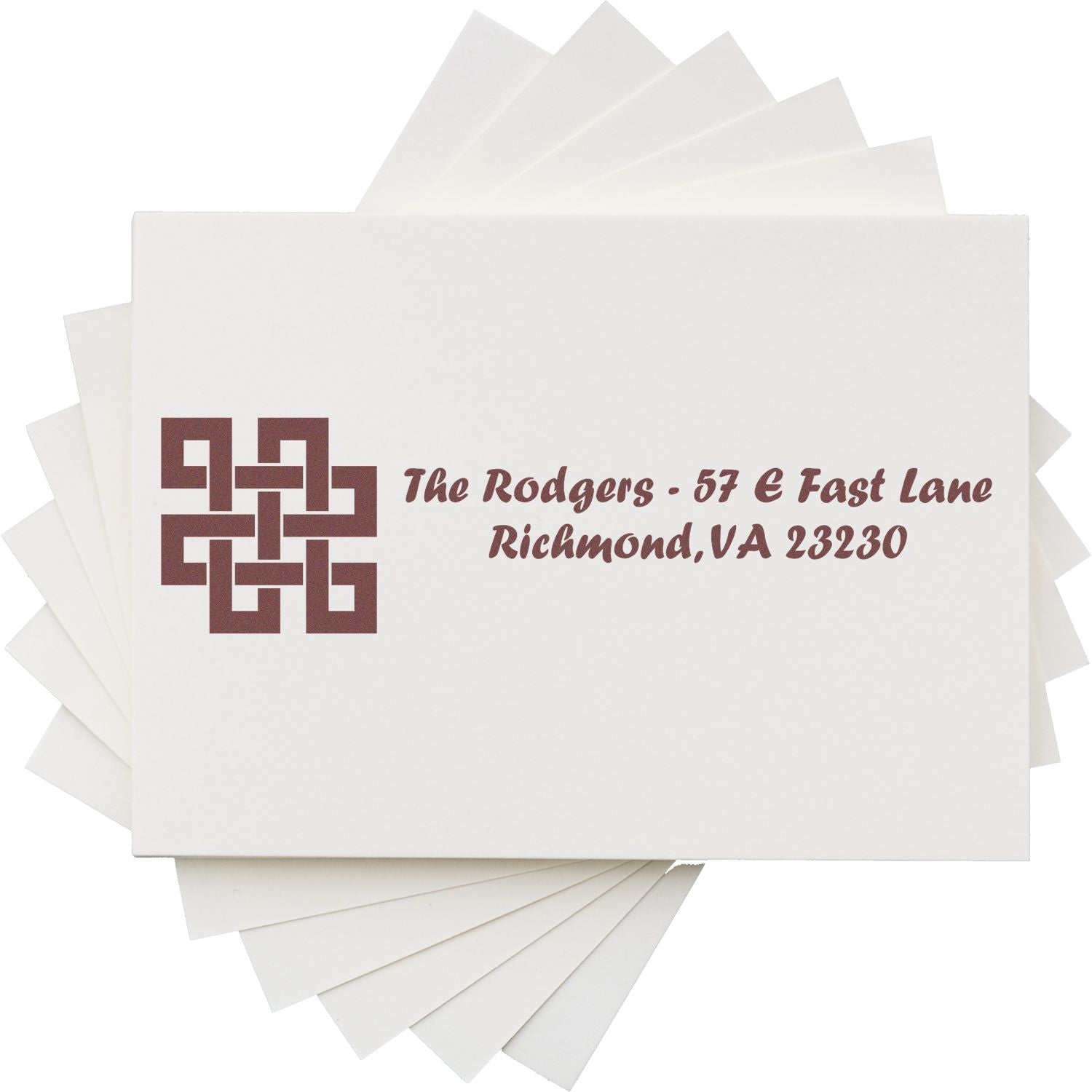 Custom return address rubber stamp with geometric monogram for The Rodgers, 57 E Fast Lane, Richmond, VA 23230.