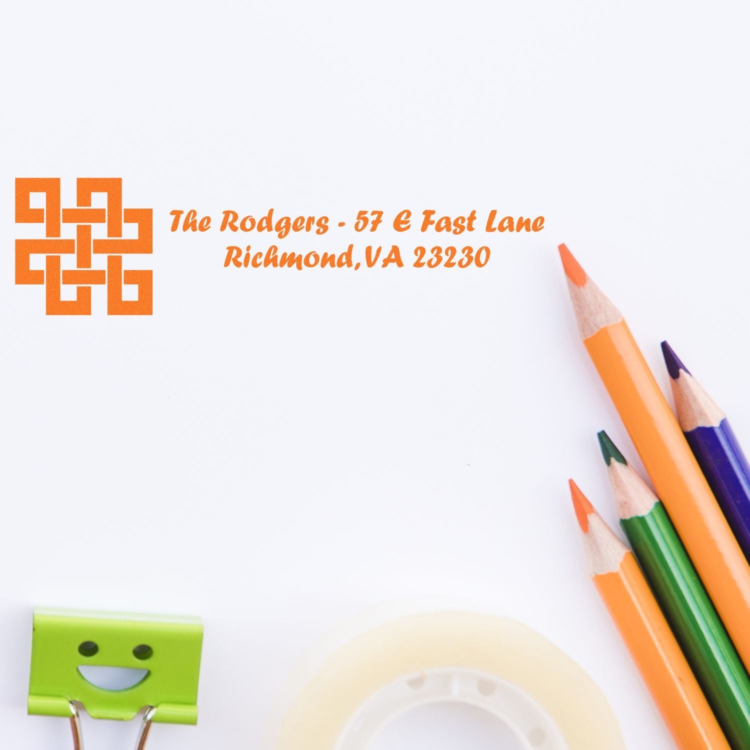 Custom rubber stamp with orange logo and address for The Rodgers, 57 E Fast Lane, Richmond, VA 23230.