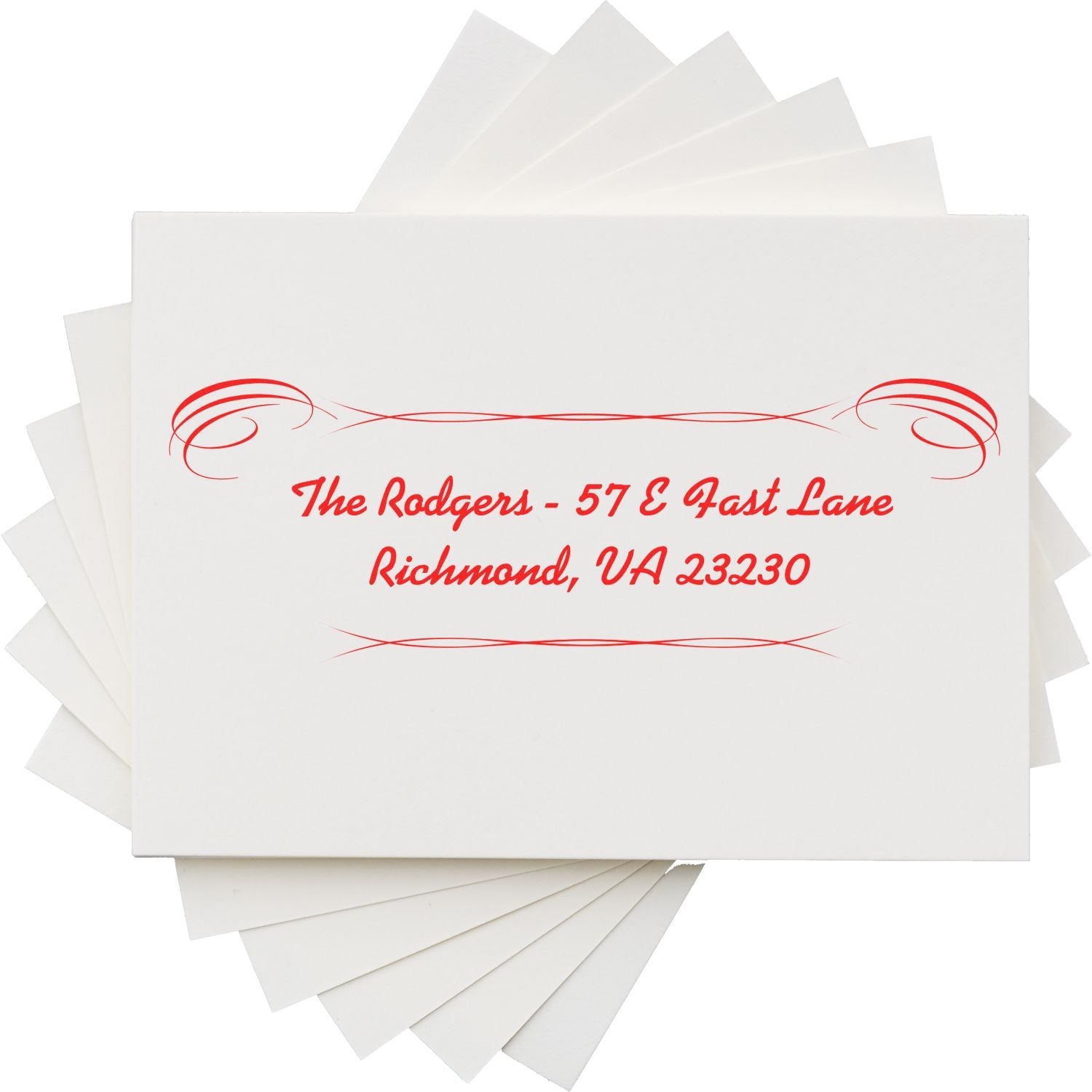 Custom return address rubber stamp with decorative red script for The Rodgers, Richmond, VA 23230, shown on stacked envelopes.