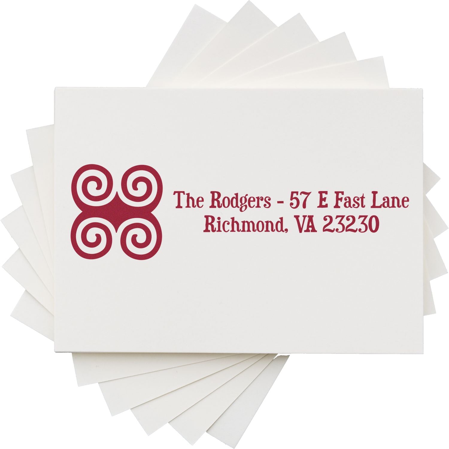 Custom return address rubber stamp for The Rodgers, Richmond VA, with burgundy imprint on white paper for mailing envelopes.